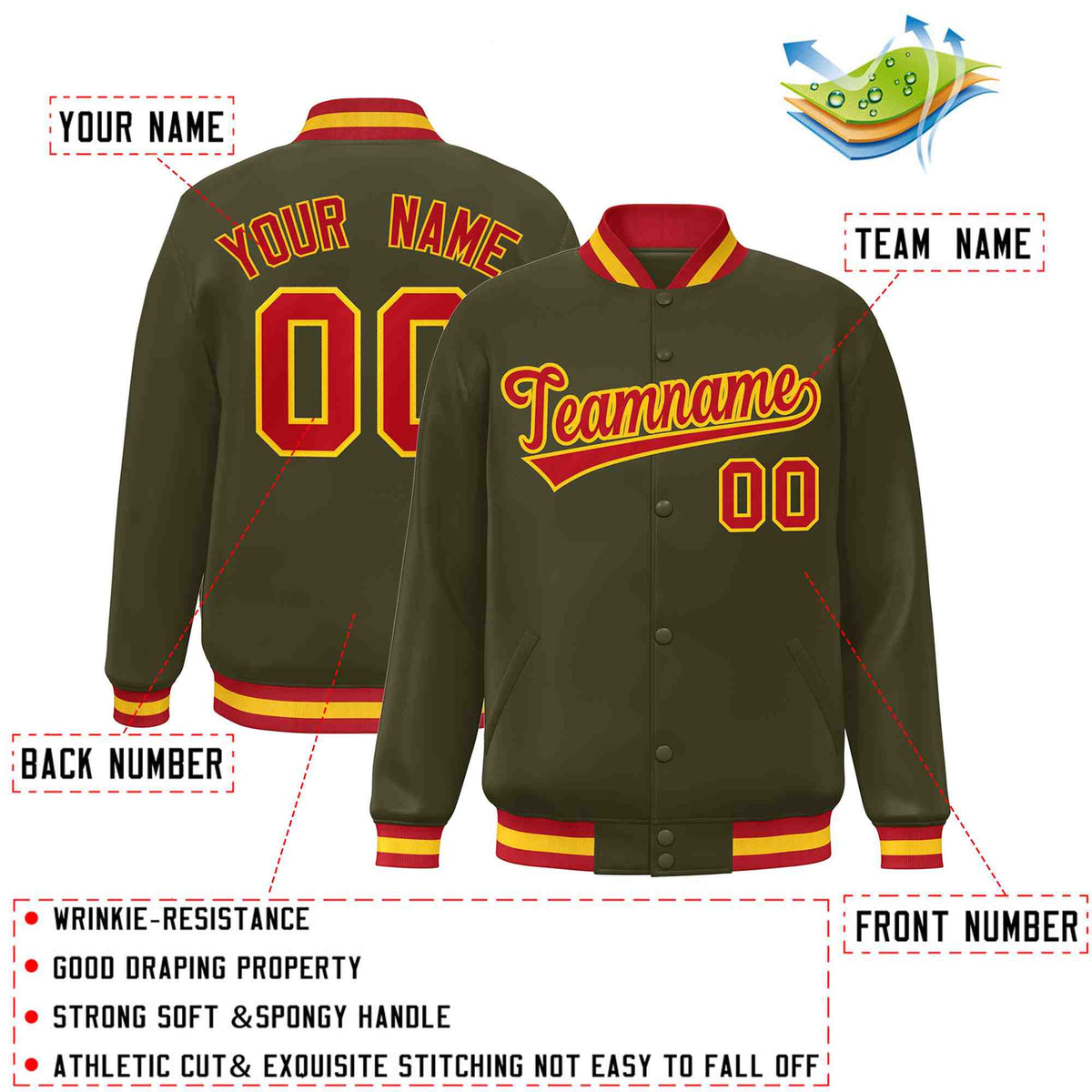 Custom Olive Red-Gold Classic Style Varsity Full-Snap Letterman Jacket