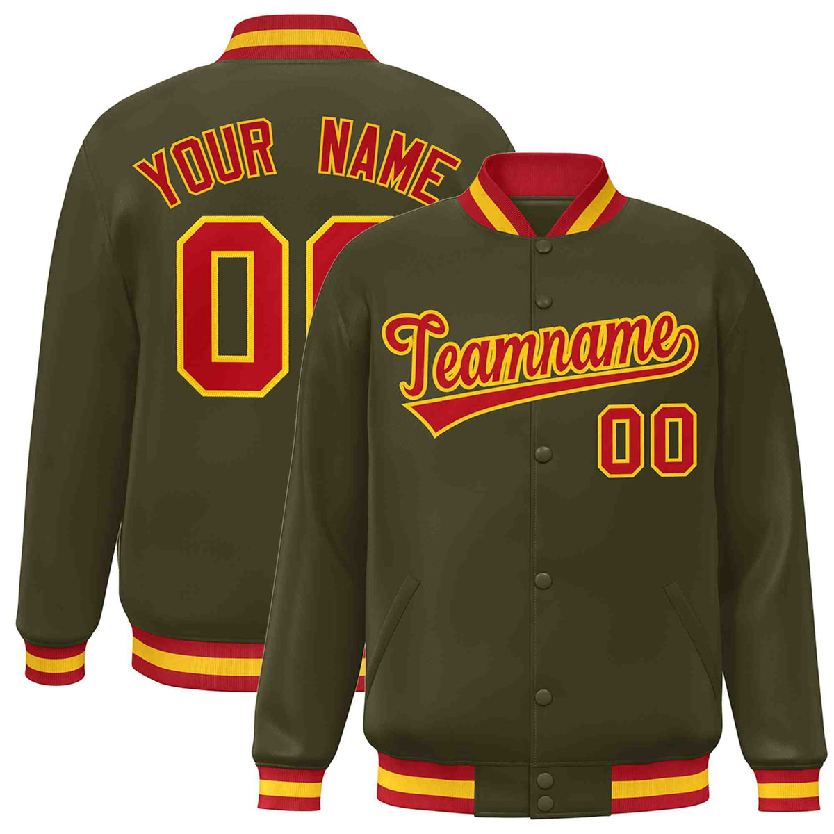 Custom Olive Red-Gold Classic Style Varsity Full-Snap Letterman Jacket
