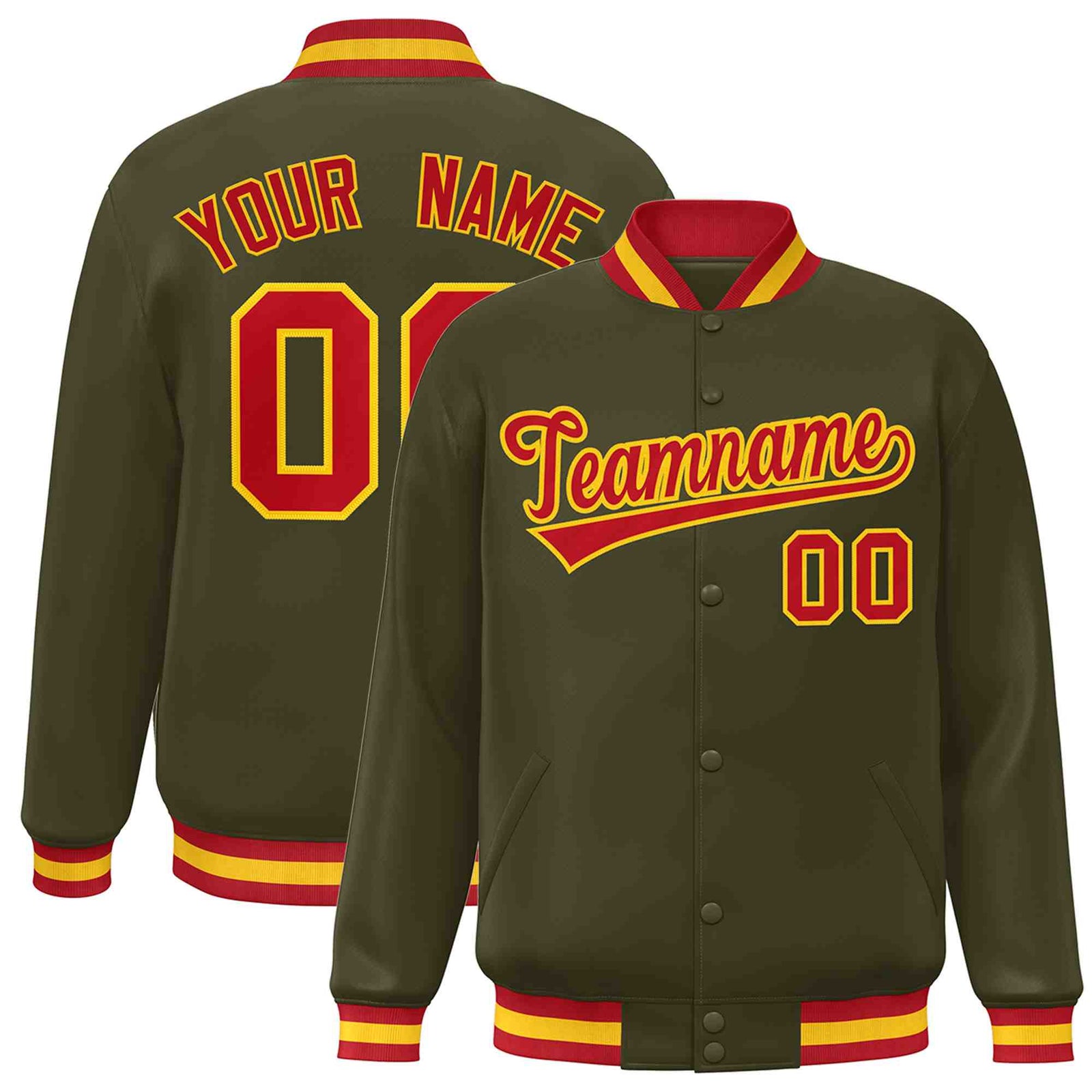 Custom Olive Red-Gold Classic Style Varsity Full-Snap Letterman Jacket