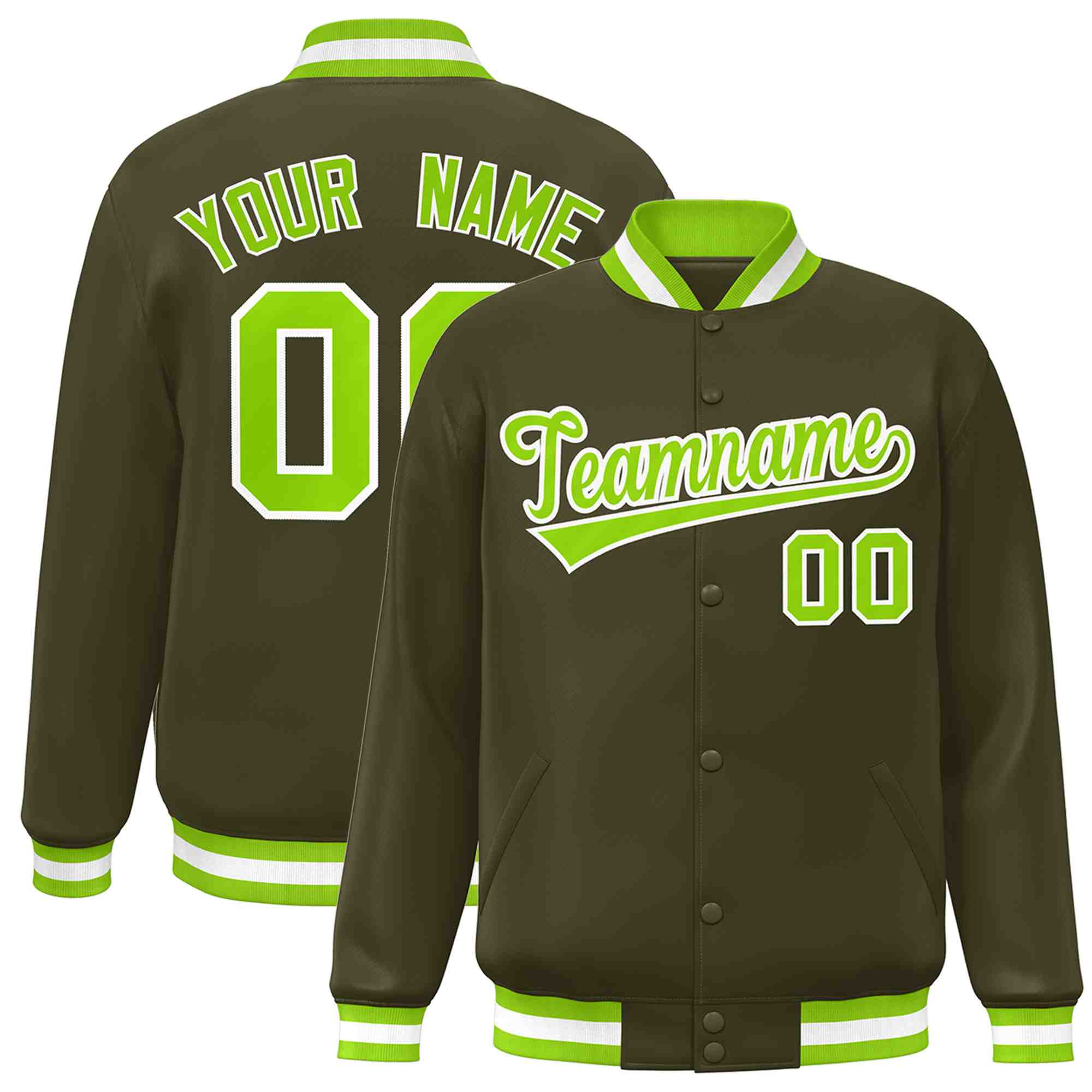 Custom Olive Neon Green-White Classic Style Varsity Full-Snap Letterman Jacket