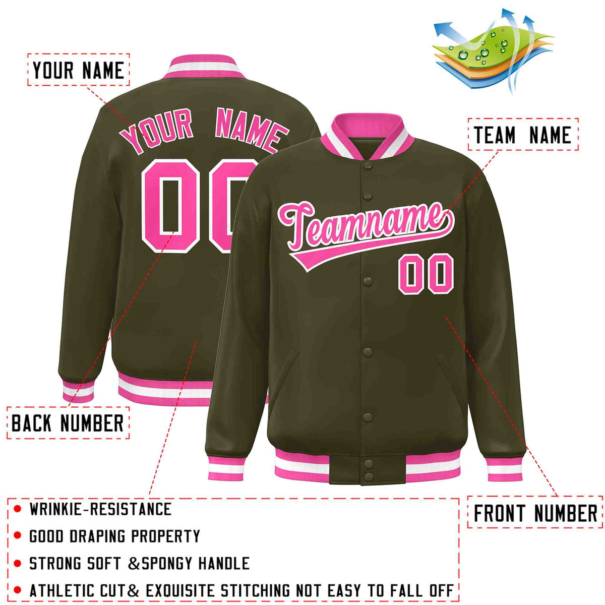 Custom Olive Pink-White Classic Style Varsity Full-Snap Letterman Jacket