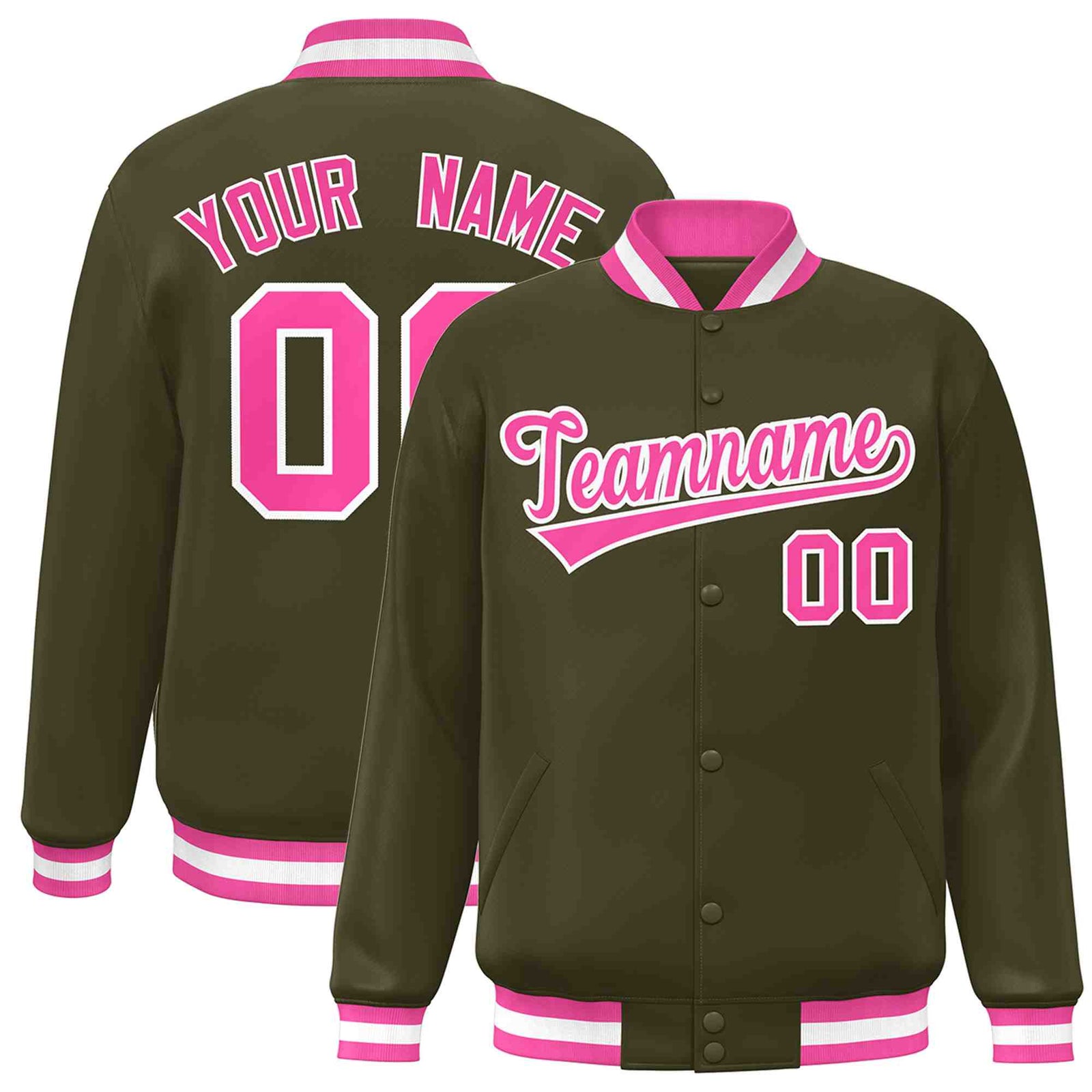 Custom Olive Pink-White Classic Style Varsity Full-Snap Letterman Jacket