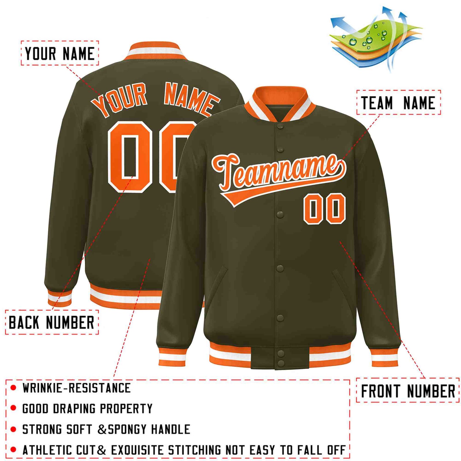 Custom Olive Orange-White Classic Style Varsity Full-Snap Letterman Jacket