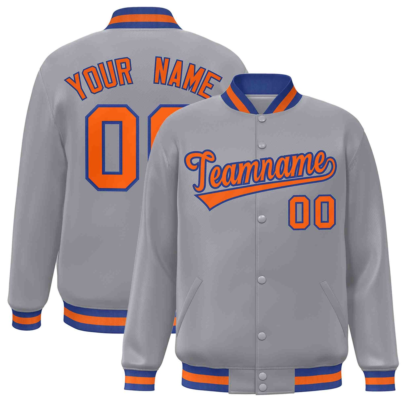 Custom Gray Orange-Royal Classic Style Varsity Full-Snap Letterman Jacket