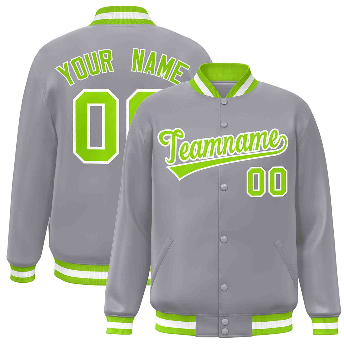 Custom Gray Neon Green-White Classic Style Varsity Full-Snap Letterman Jacket