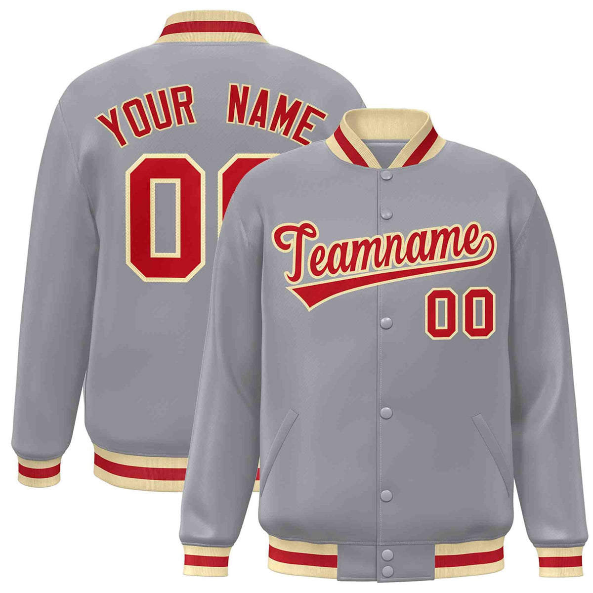 Custom Gray Red-Khaki Classic Style Varsity Full-Snap Letterman Jacket