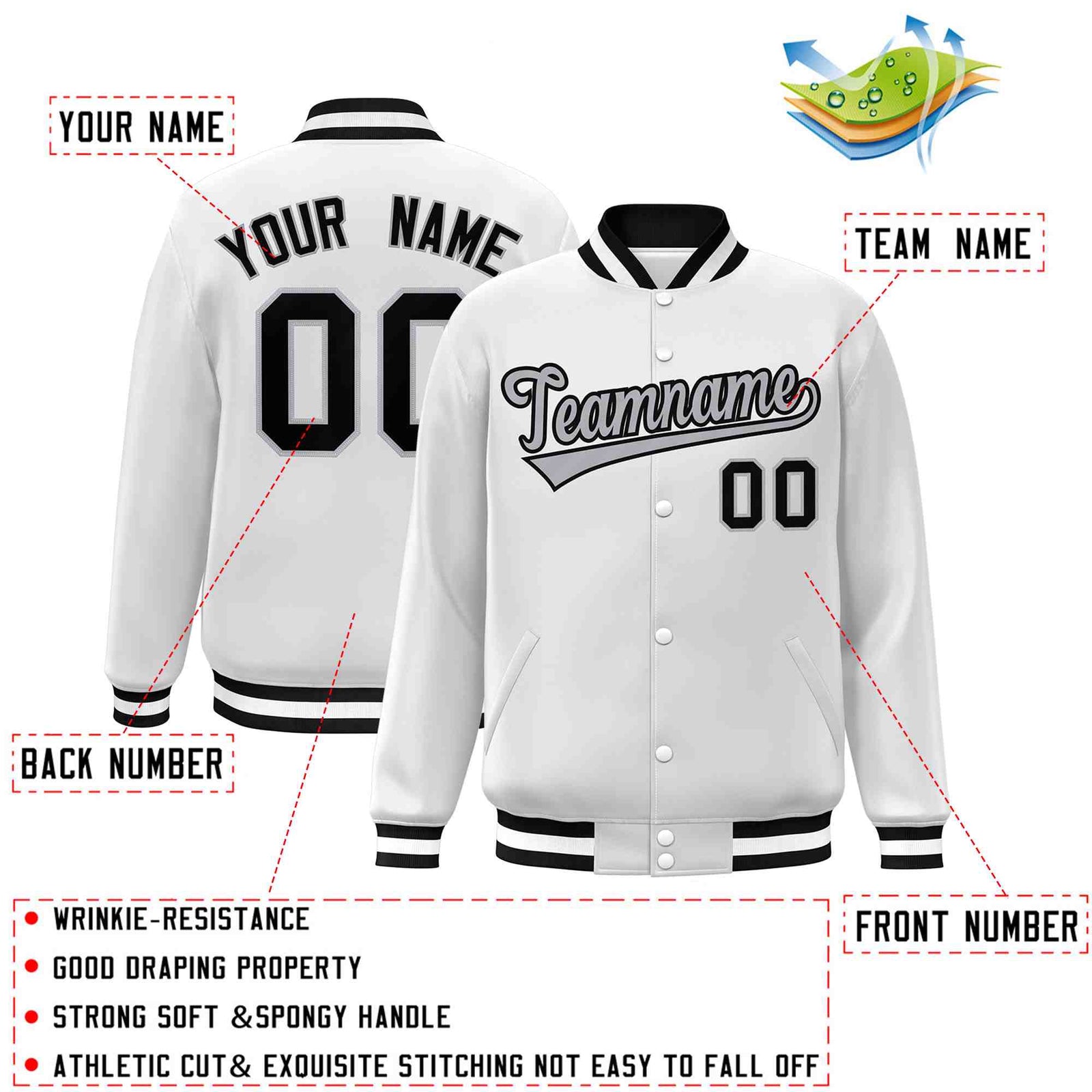 Custom White Gray-Black Classic Style Varsity Full-Snap Letterman Jacket