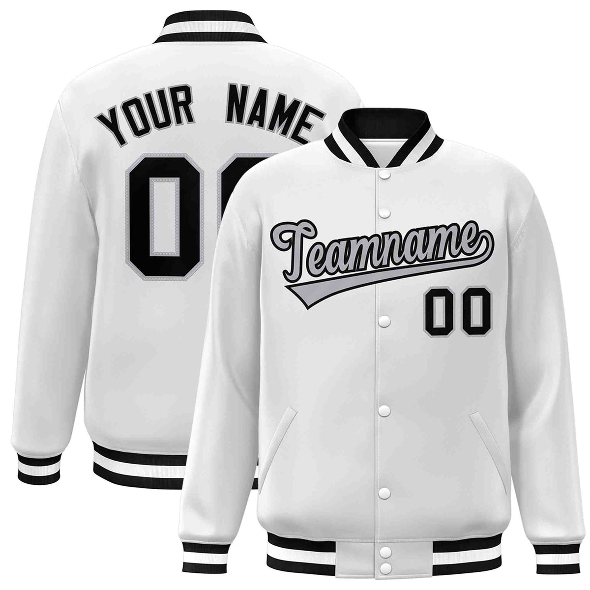 Custom White Gray-Black Classic Style Varsity Full-Snap Letterman Jacket