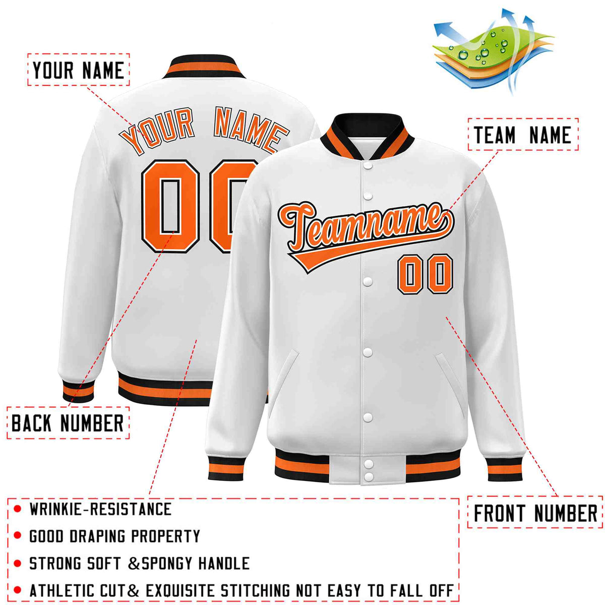 Custom White Orange-White Classic Style Varsity Full-Snap Letterman Jacket
