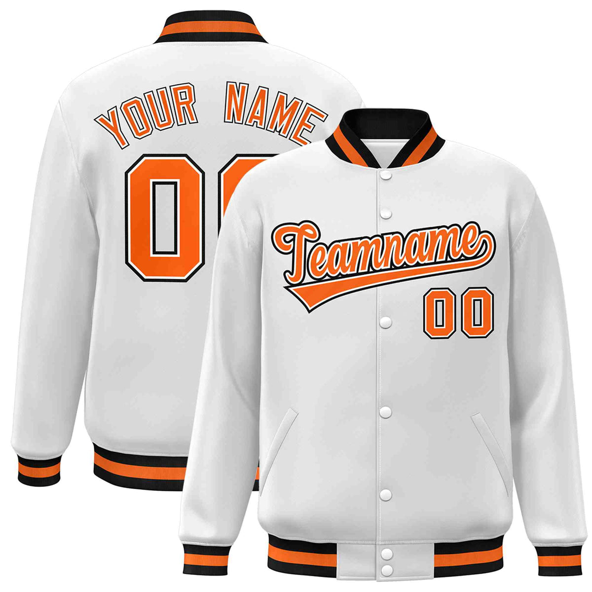 Custom White Orange-White Classic Style Varsity Full-Snap Letterman Jacket