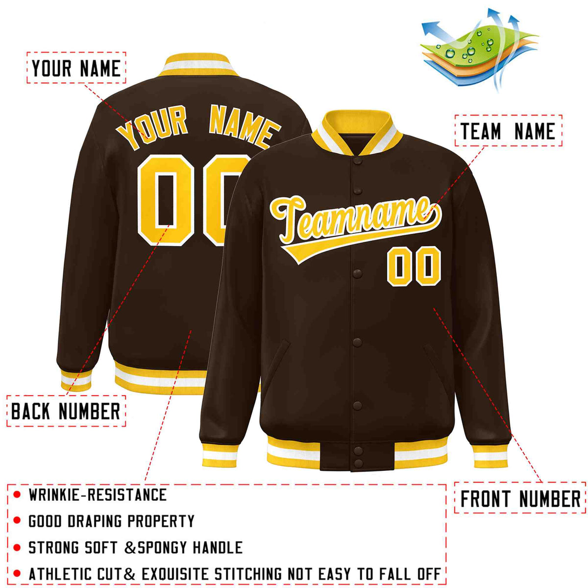 Custom Brown Gold-White Classic Style Varsity Full-Snap Letterman Jacket