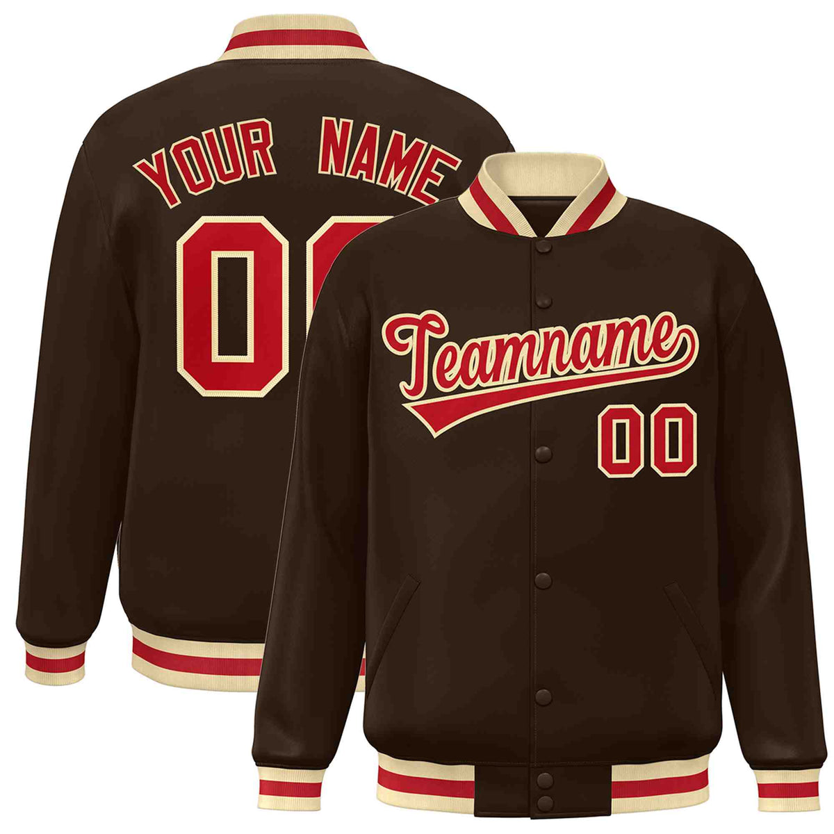 Custom Brown Red-Khaki Classic Style Varsity Full-Snap Letterman Jacket