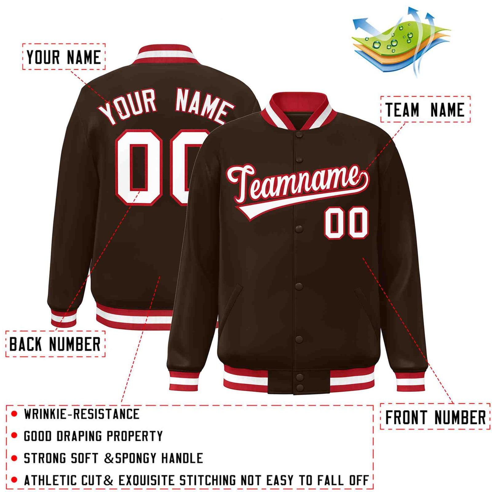 Custom Brown White-Red Classic Style Varsity Full-Snap Letterman Jacket