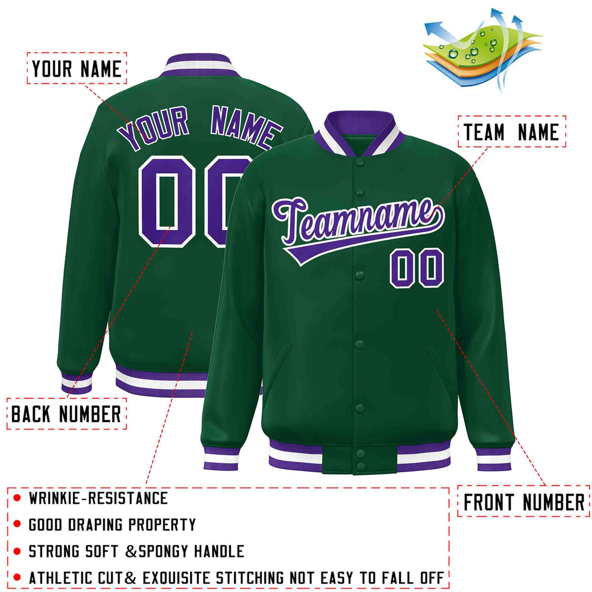 Custom Green Purple-White Classic Style Varsity Full-Snap Letterman Jacket