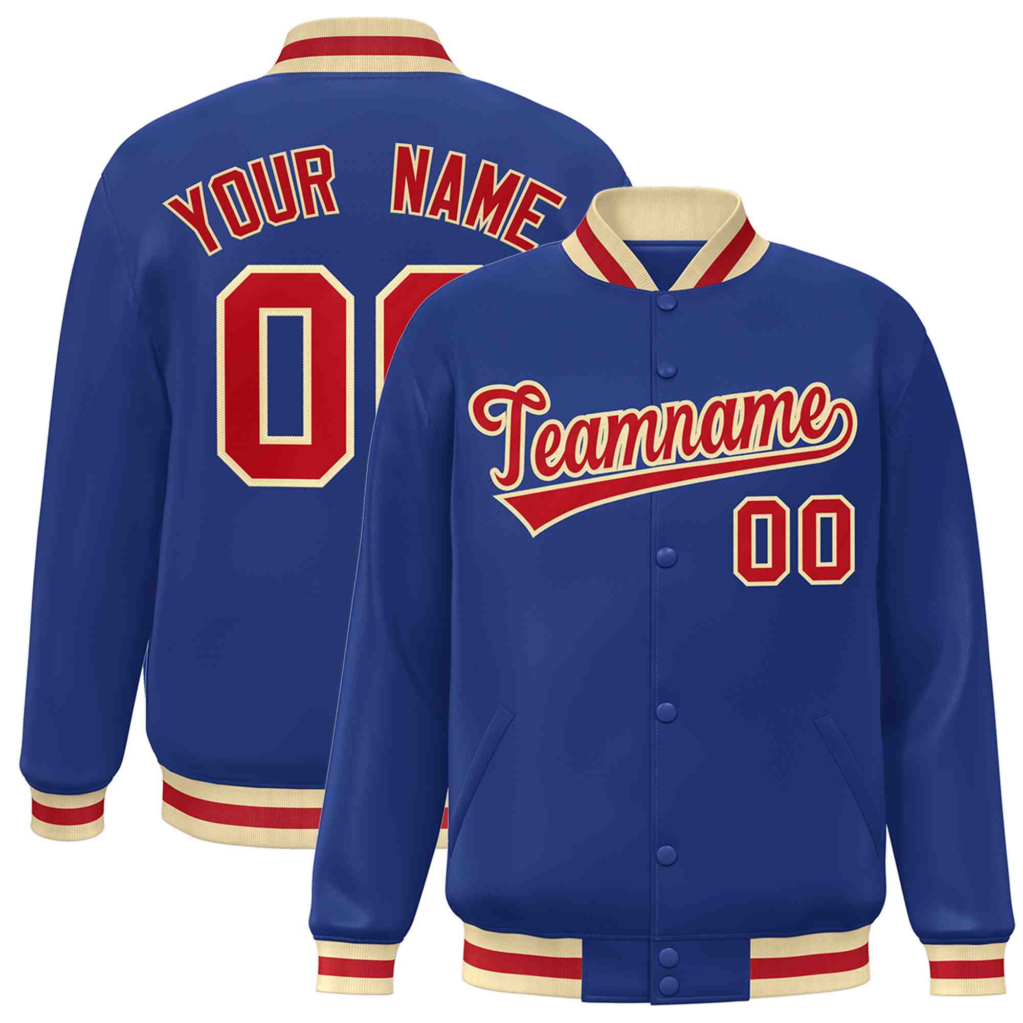 Custom Royal Red-Khaki Classic Style Varsity Full-Snap Letterman Jacket