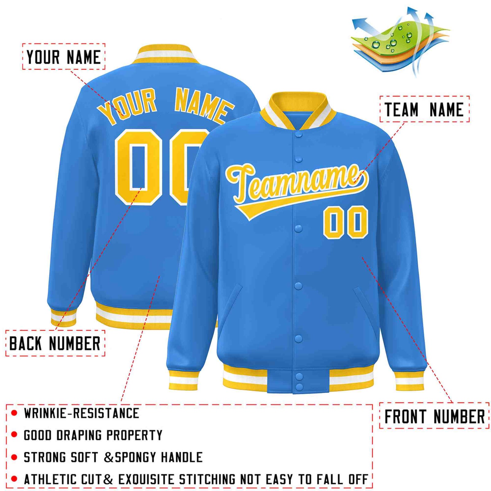 Custom Powder Blue Gold-White Classic Style Varsity Full-Snap Letterman Jacket