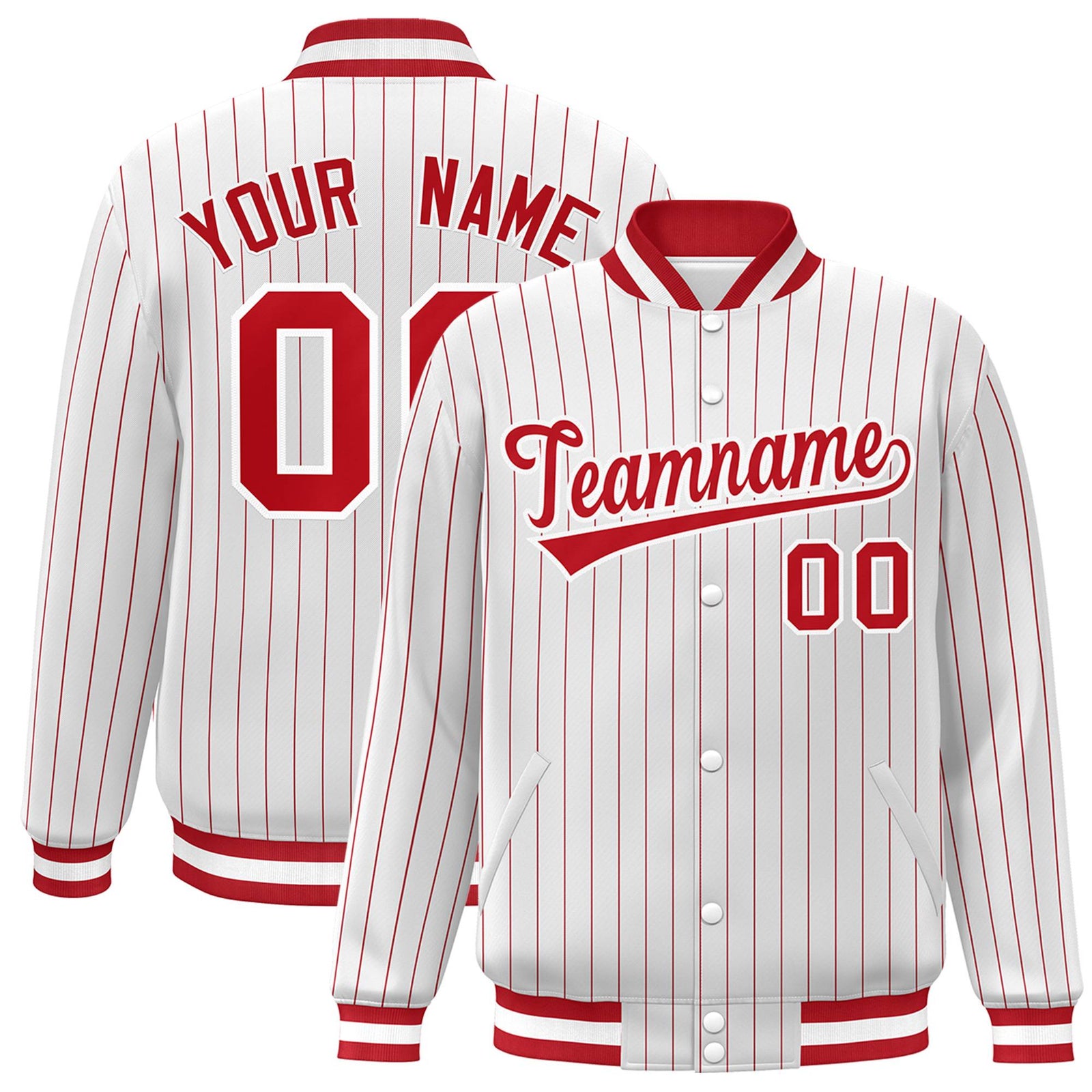 Custom White Red-White Stripe Fashion Letterman Bomber Varsity Jacket