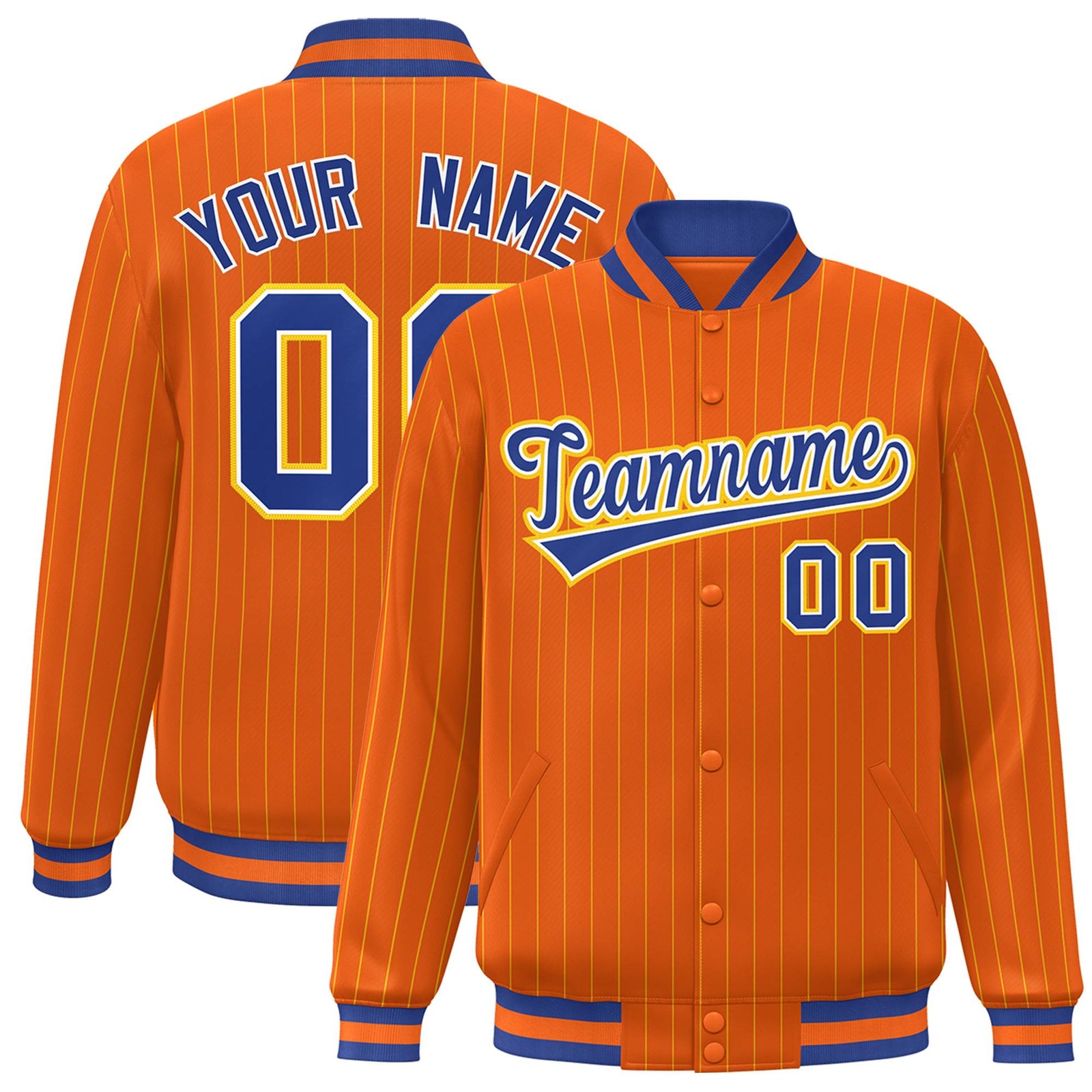 Custom Orange Royal-Gold Stripe Fashion Letterman Bomber Varsity Jacket