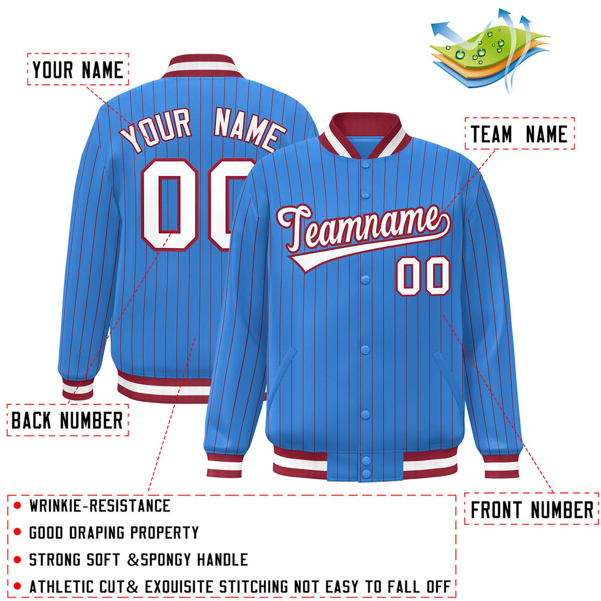 Custom Powder Blue White-Red Stripe Fashion Letterman Bomber Varsity Jacket