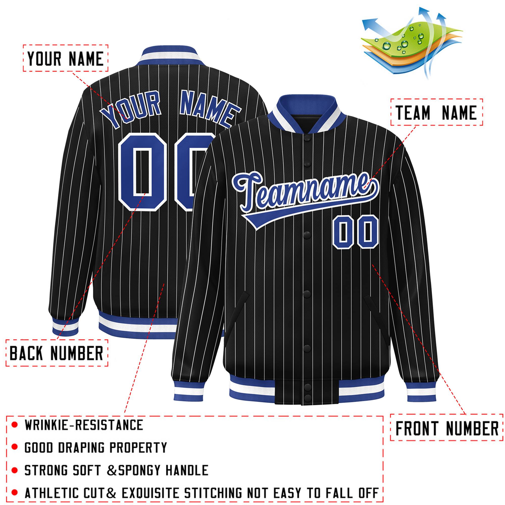 Custom Black Royal-White Letterman Bomber Stripe Fashion Jacket for Adults
