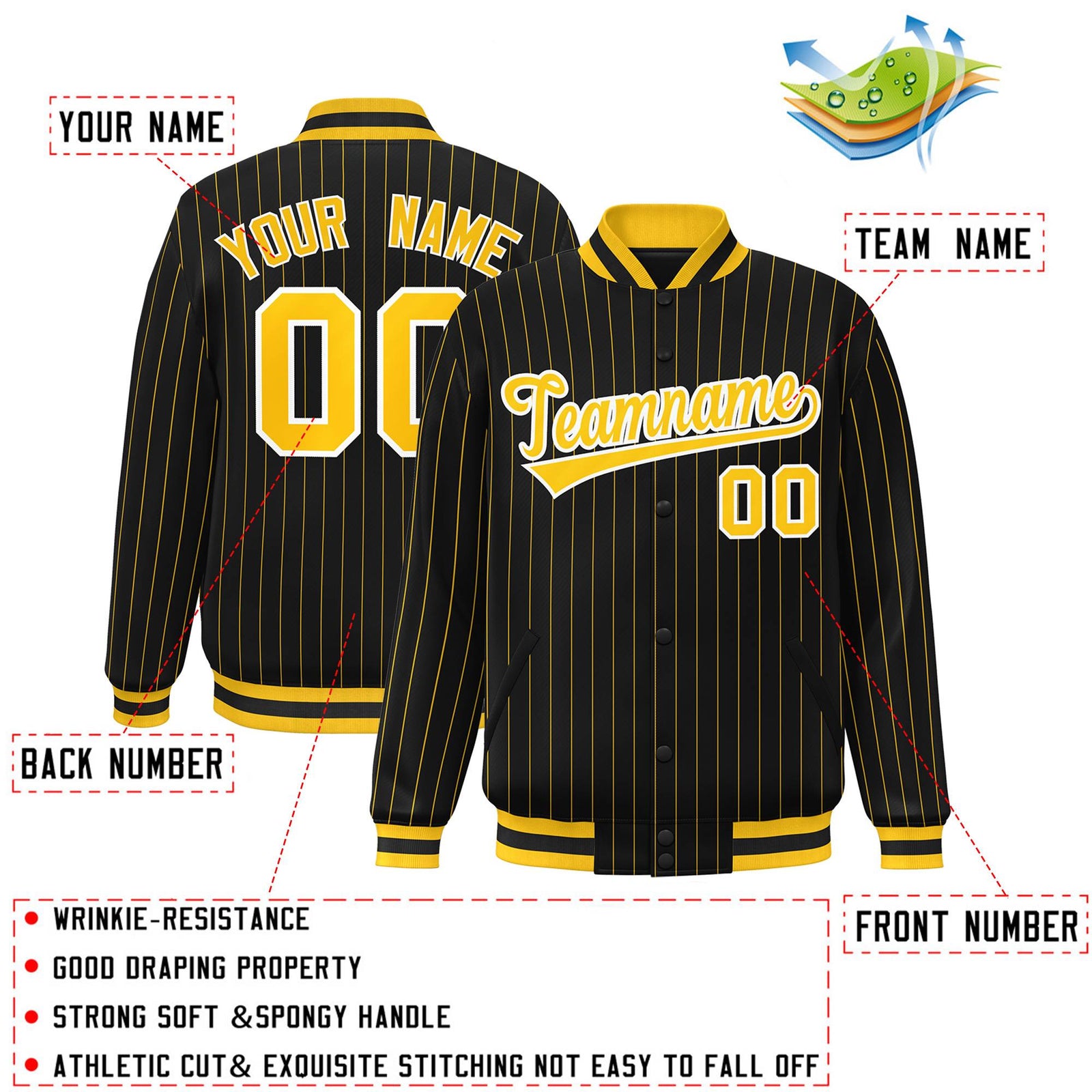 Custom Black Gold-White Bomber Letterman Stripe Fashion Jacket for Teams