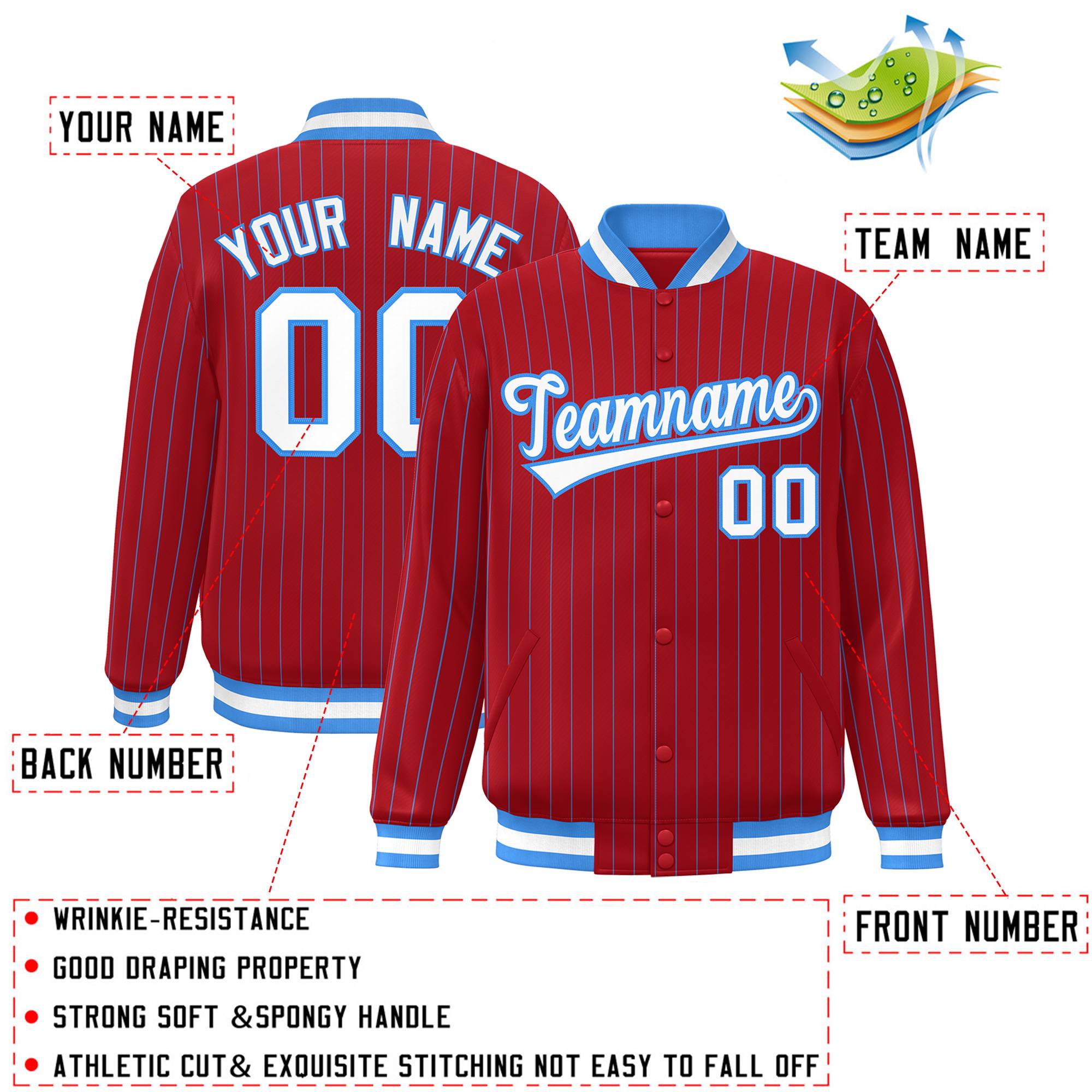 Custom Scarlet White-Powder Blue Personalized Stripe Fashion Letterman Bomber Varsity Jacket