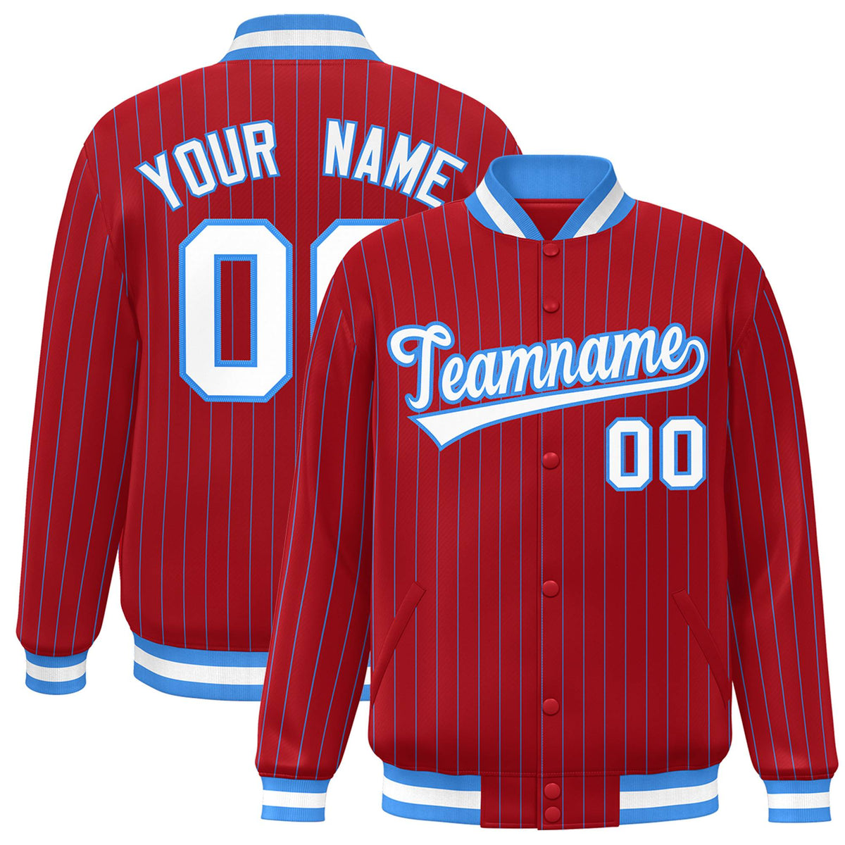 Custom Scarlet White-Powder Blue Personalized Stripe Fashion Letterman Bomber Varsity Jacket