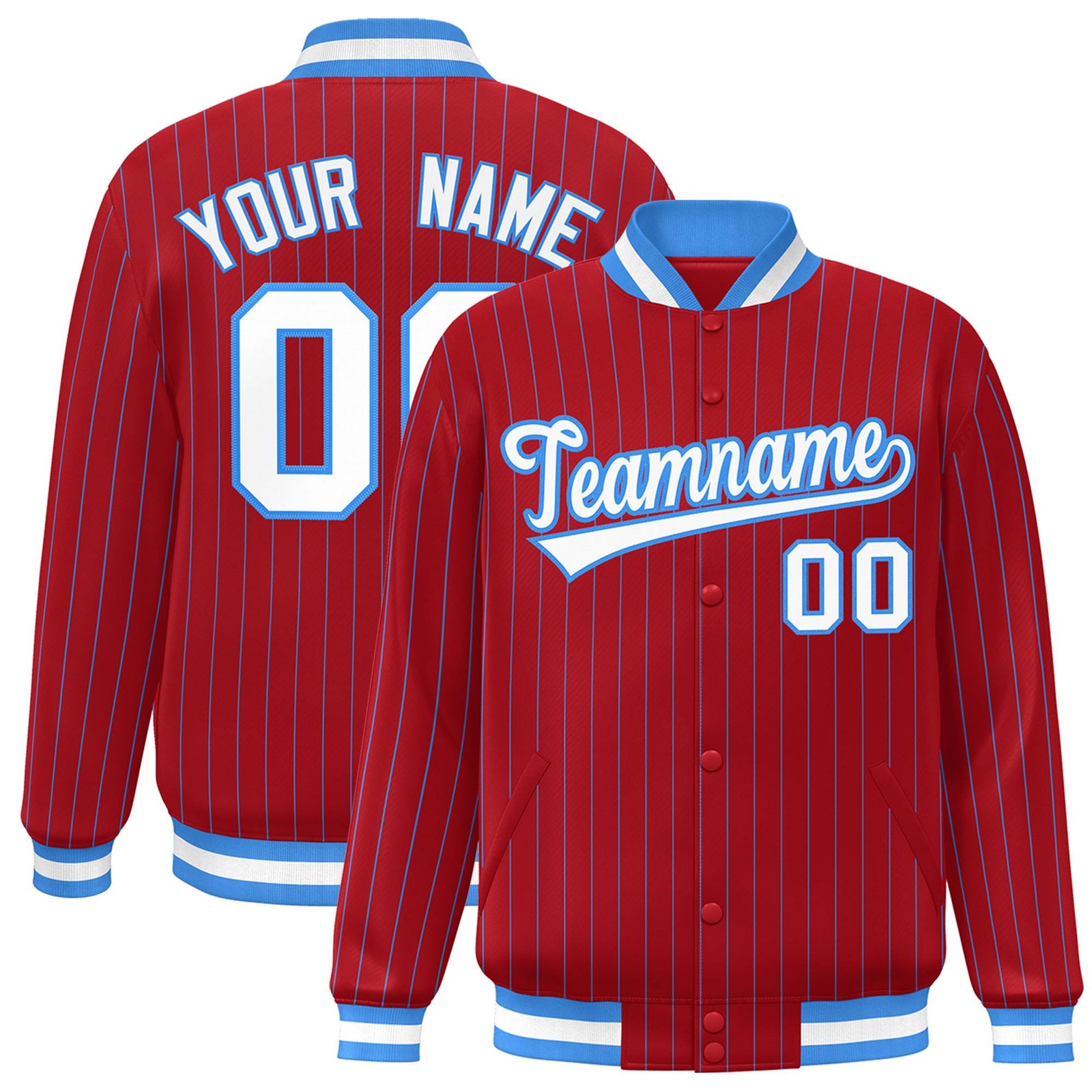 Custom Scarlet White-Powder Blue Personalized Stripe Fashion Letterman Bomber Varsity Jacket