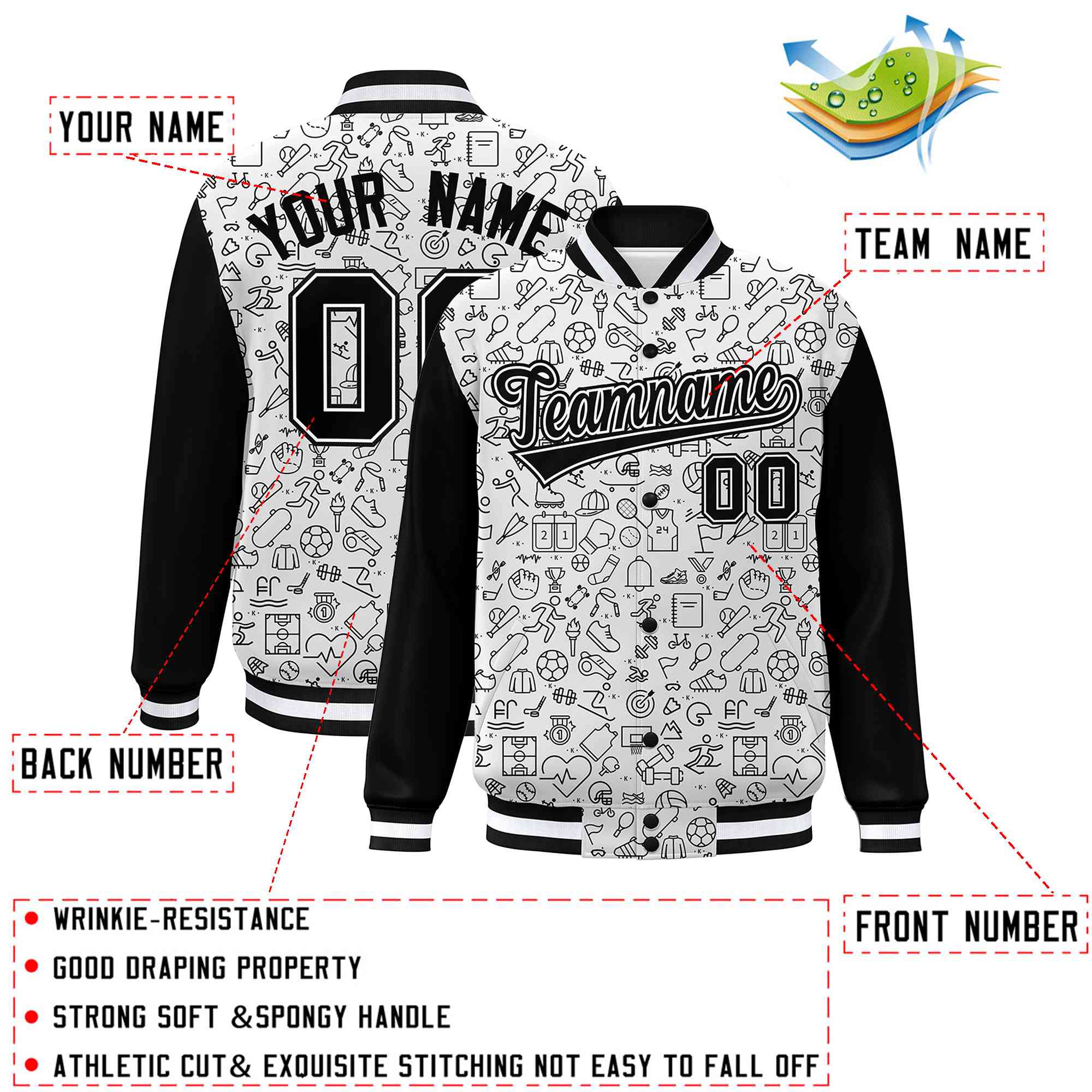 Custom White Black Line Graffiti Pattern Varsity Raglan Sleeves Letterman Baseball Jacket