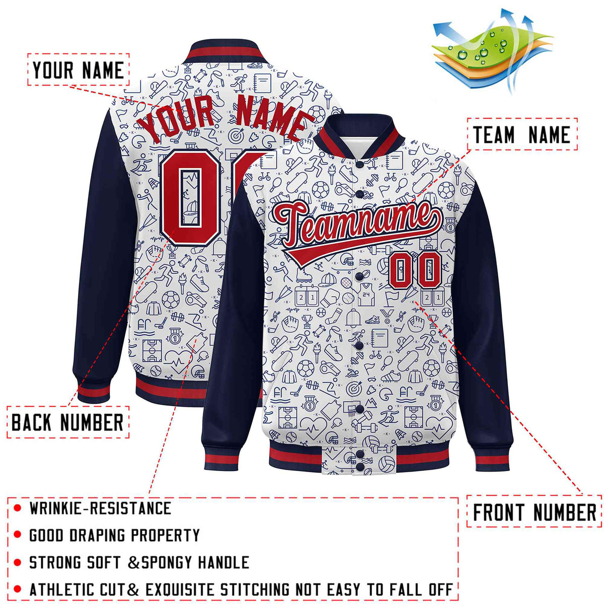 Custom White Navy-Red Line Graffiti Pattern Varsity Raglan Sleeves Letterman Baseball Jacket