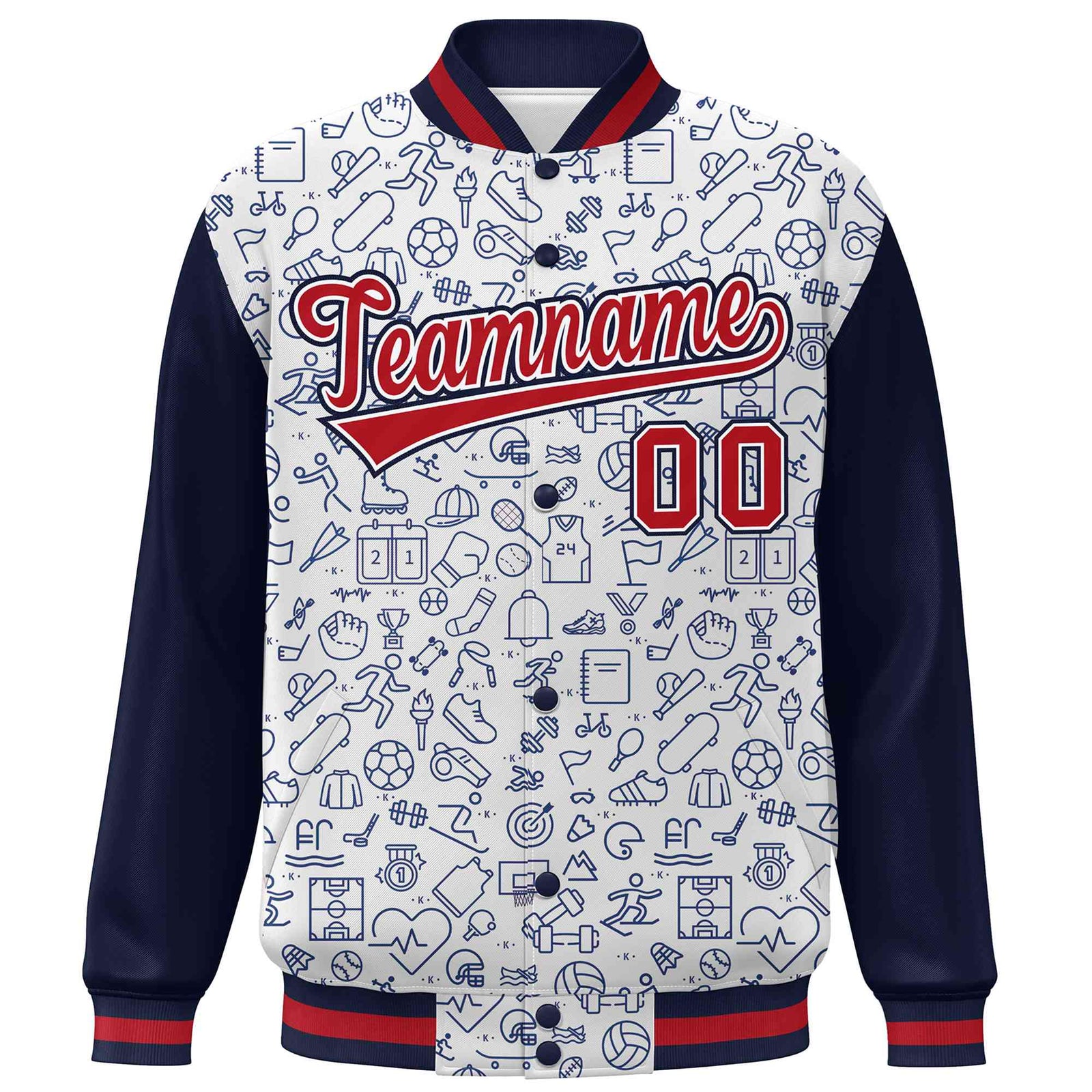 Custom White Navy-Red Line Graffiti Pattern Varsity Raglan Sleeves Letterman Baseball Jacket