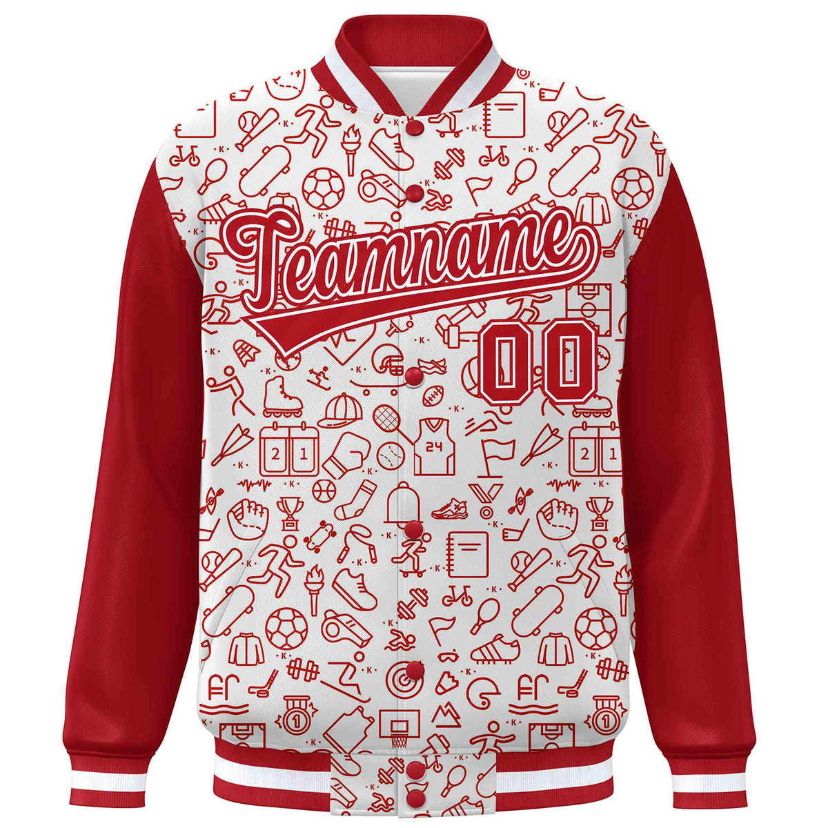 Custom White Red Line Graffiti Pattern Varsity Raglan Sleeves Letterman Baseball Jacket