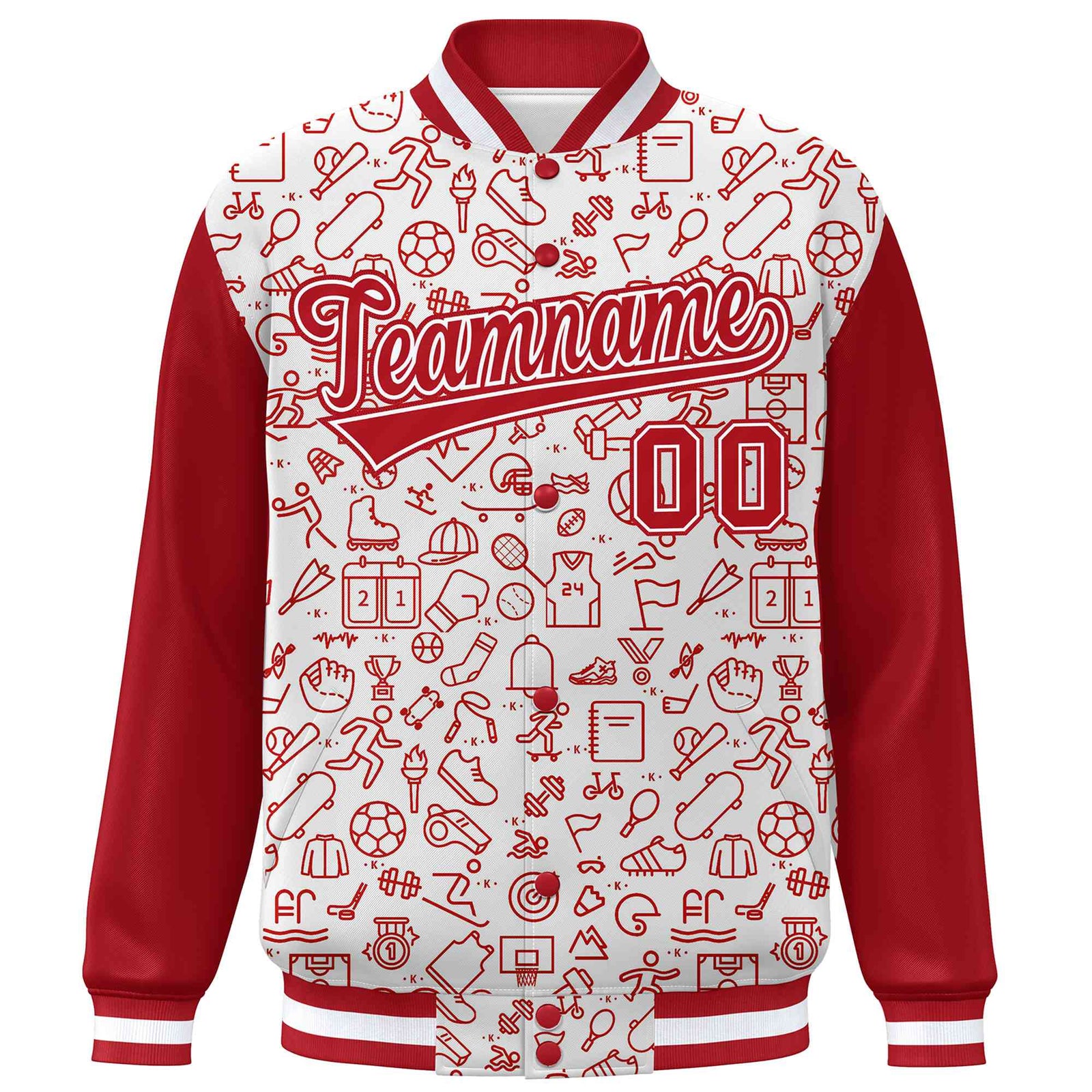 Custom White Red Line Graffiti Pattern Varsity Raglan Sleeves Letterman Baseball Jacket