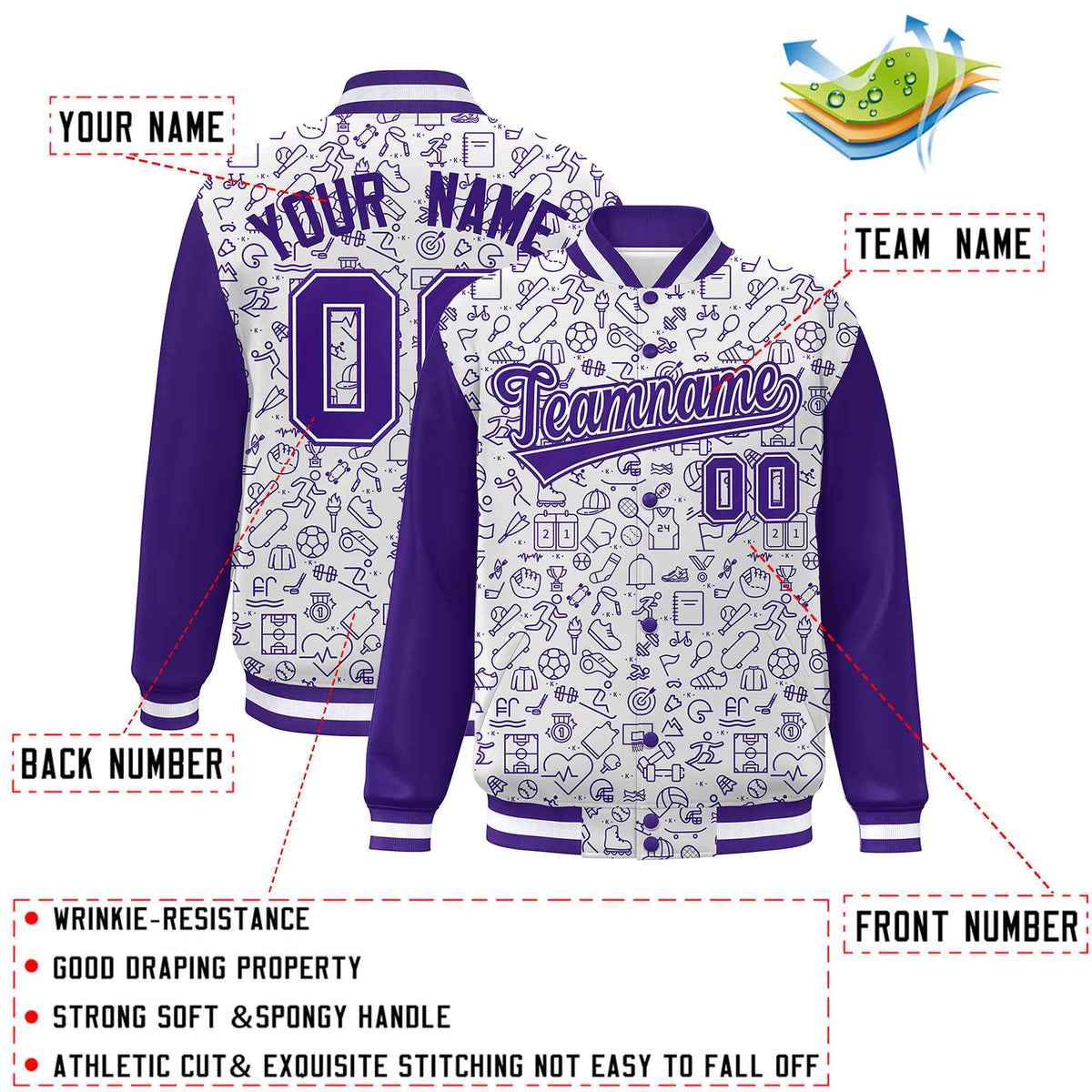 Custom White Purple Line Graffiti Pattern Varsity Raglan Sleeves Letterman Baseball Jacket