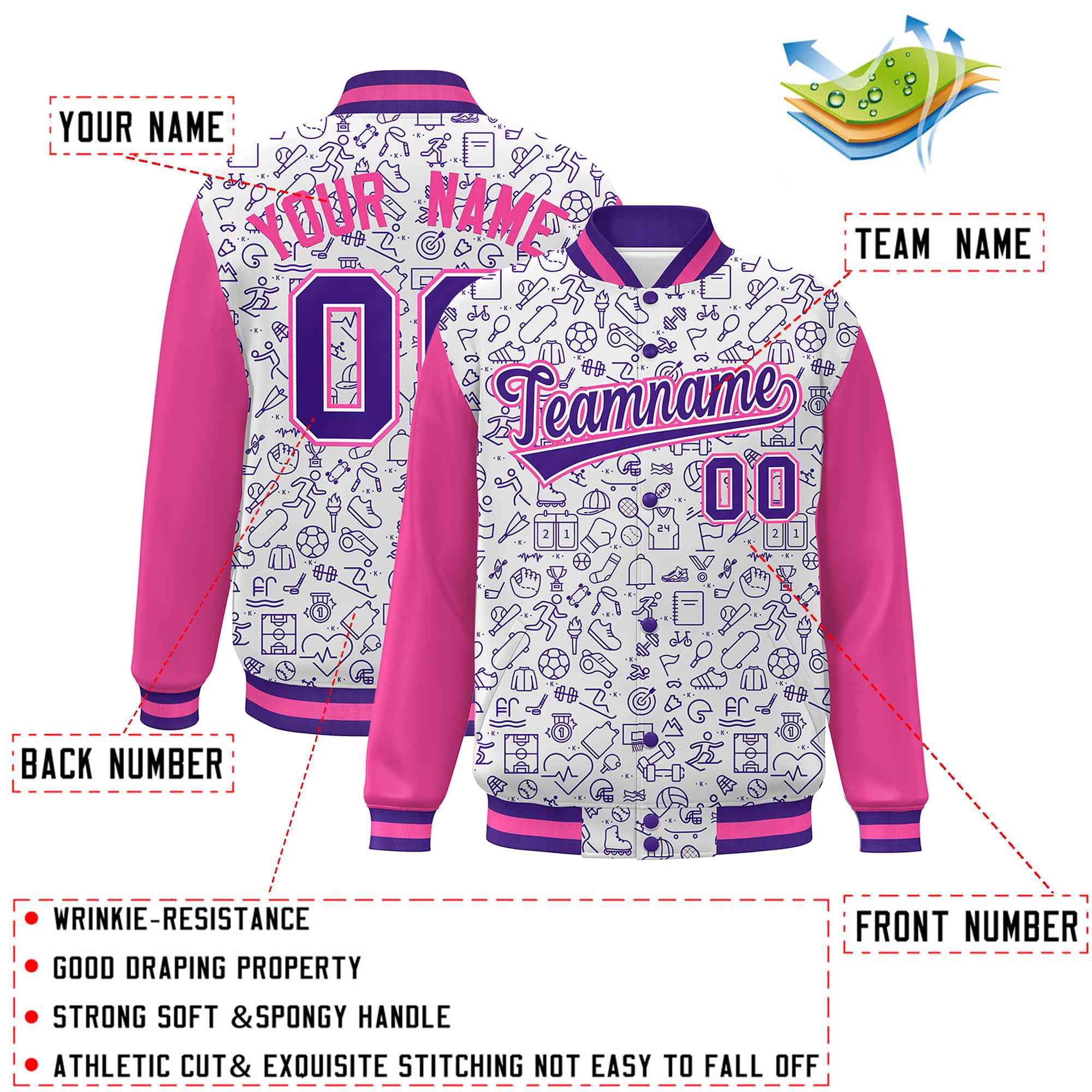 Custom White Pink-Purple Line Graffiti Pattern Varsity Raglan Sleeves Letterman Baseball Jacket