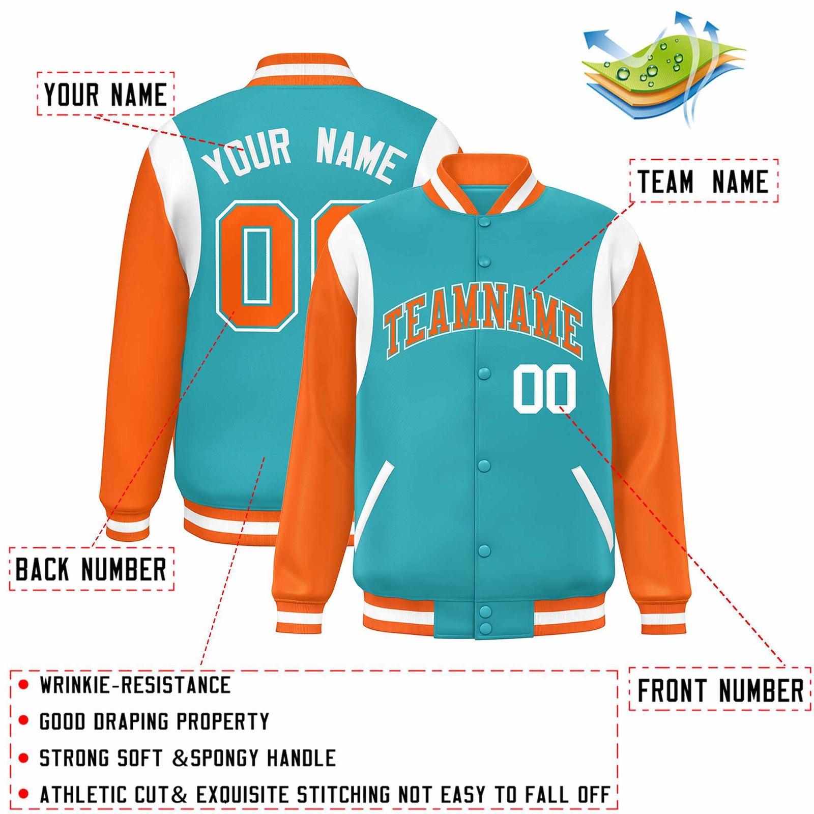 Custom Aqua Orange-White Color Block Bomber Varsity Full-Snap Baseball Jacket
