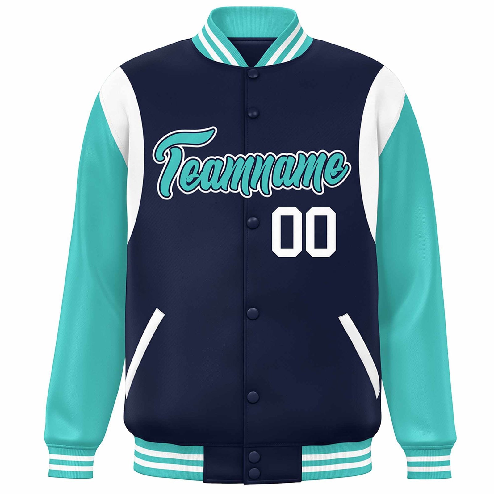 Custom Navy Aqua-White Color Block Bomber Varsity Full-Snap Baseball Jacket