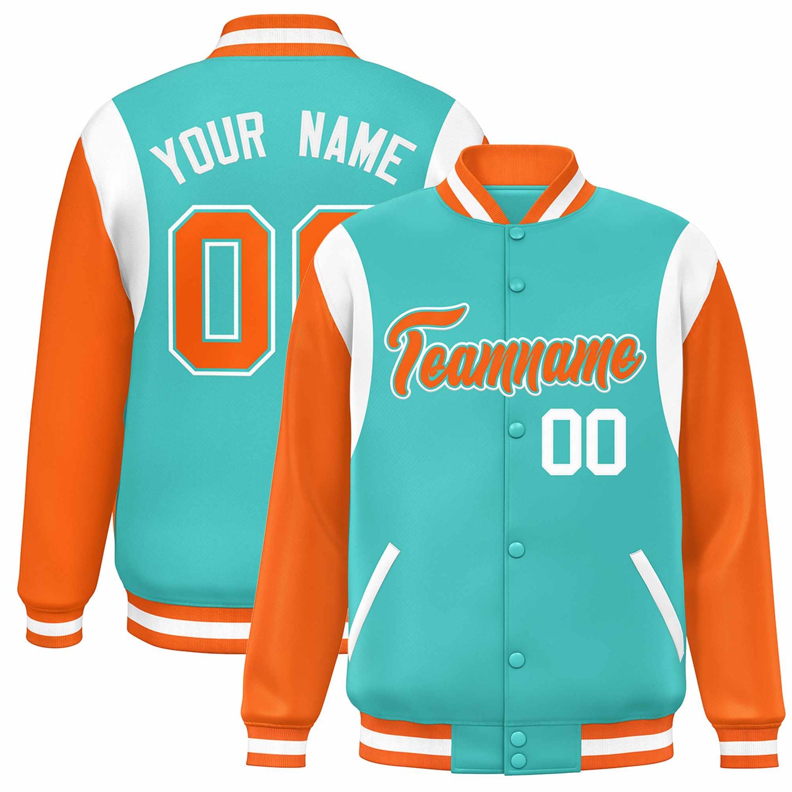 Custom Aqua Orange-White Color Block Bomber Varsity Full-Snap Baseball Jacket