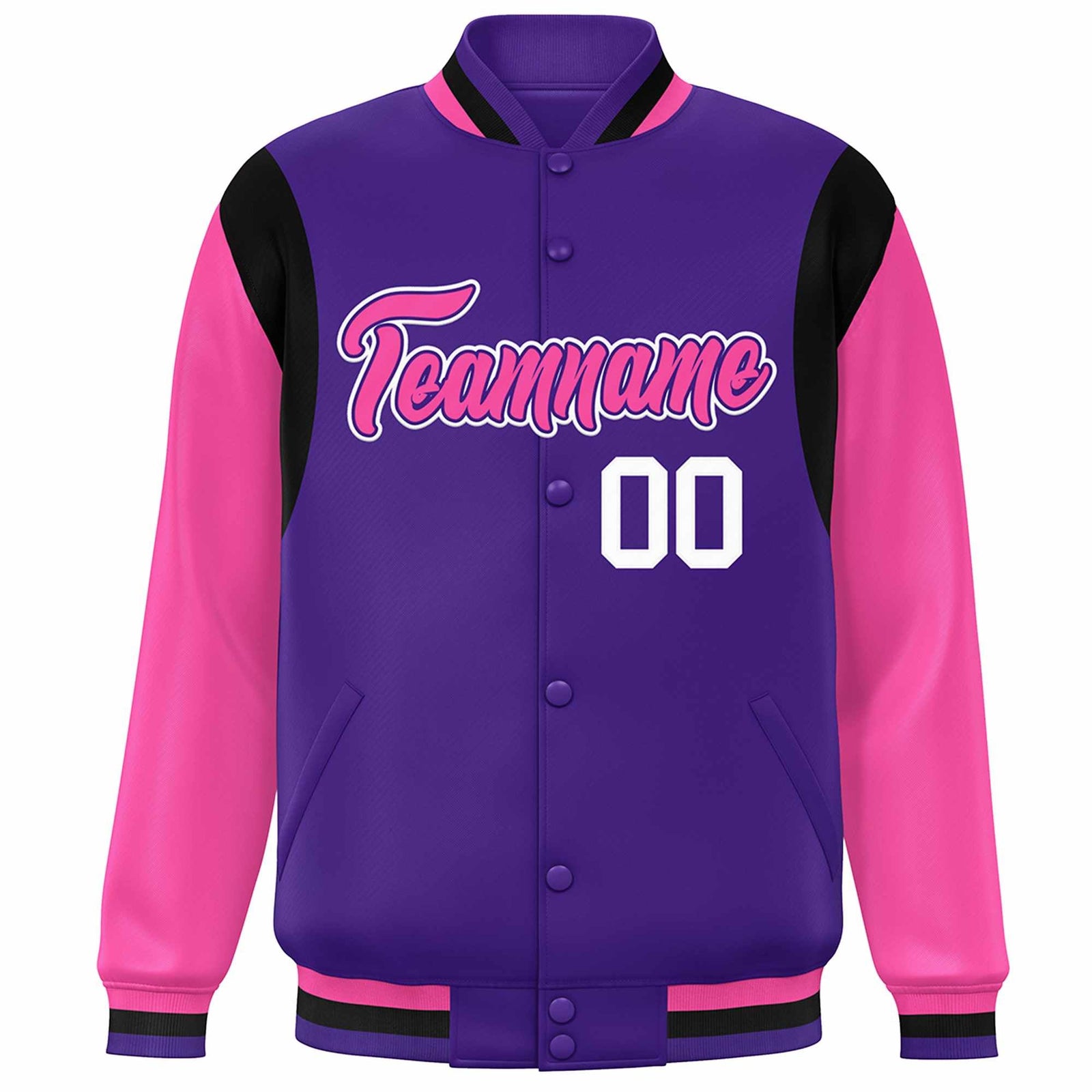 Custom Purple Pink-White Color Block Bomber Varsity Full-Snap Baseball Jacket