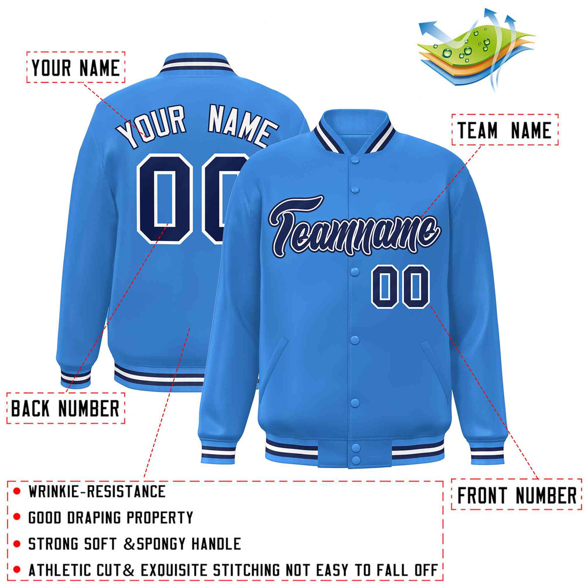 Custom Powder Blue Navy-White Classic Style Varsity Full-Snap Letterman Jacket