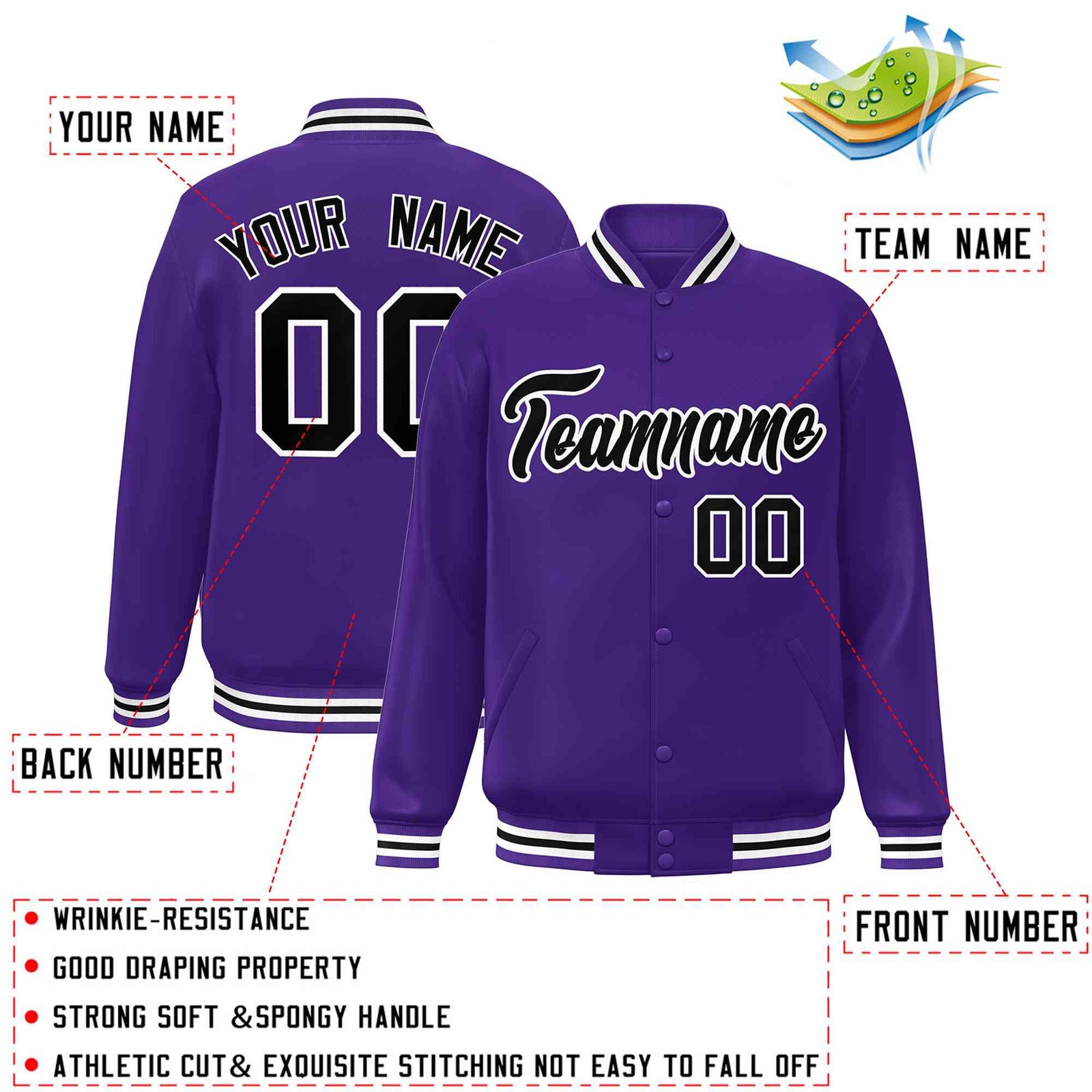Custom Purple Black-White Classic Style Varsity Full-Snap Letterman Jacket