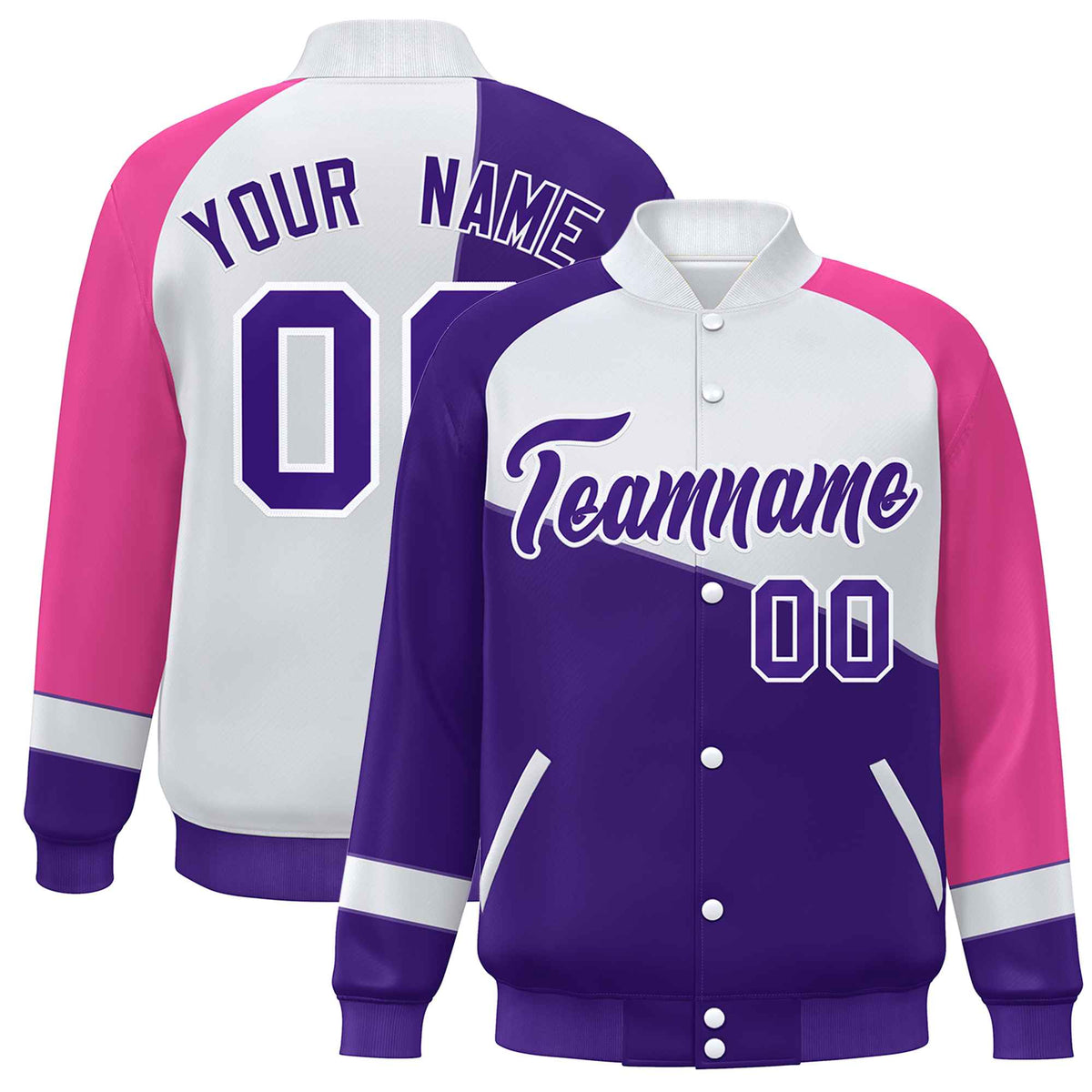 Custom Purple White-Pink Color Block Bomber Varsity Full-Snap Baseball Jacket