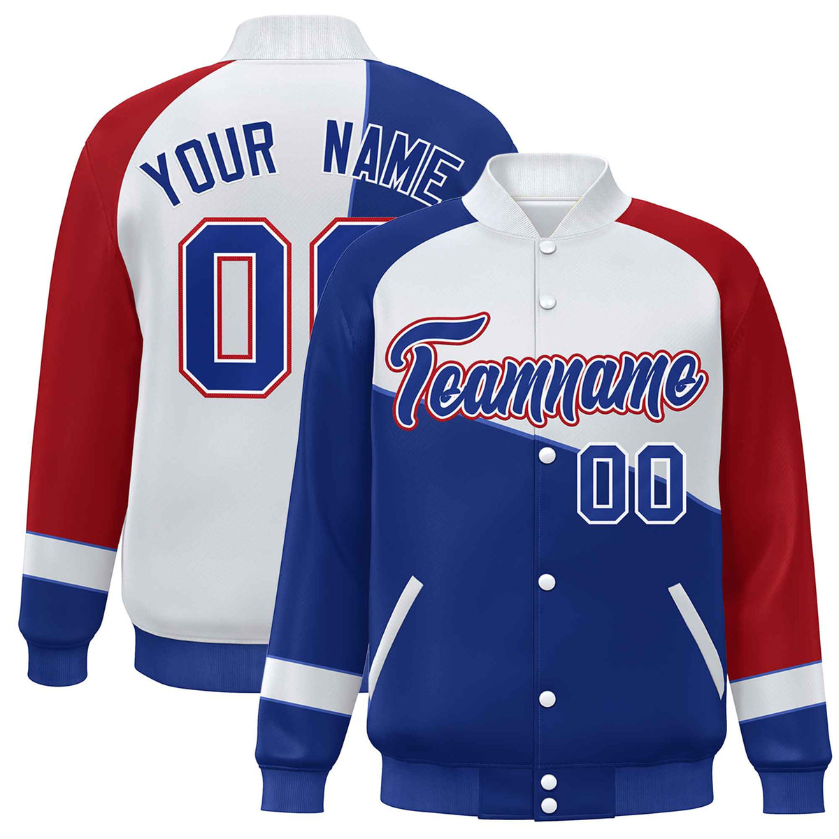 Custom Royal White-Red Color Block Bomber Varsity Full-Snap Baseball Jacket