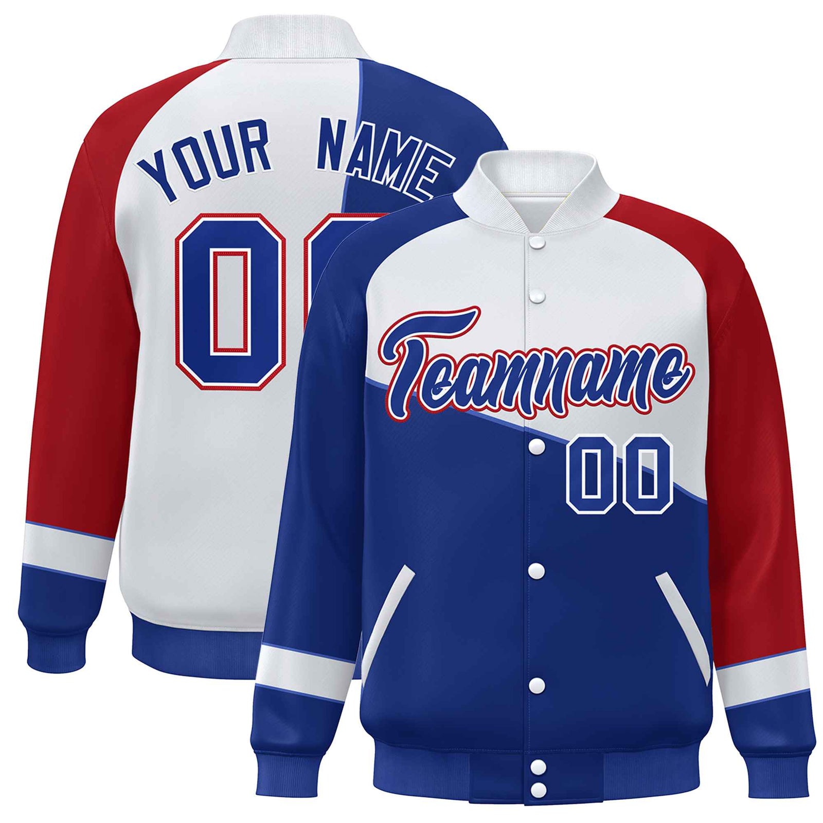 Custom Royal White-Red Color Block Bomber Varsity Full-Snap Baseball Jacket