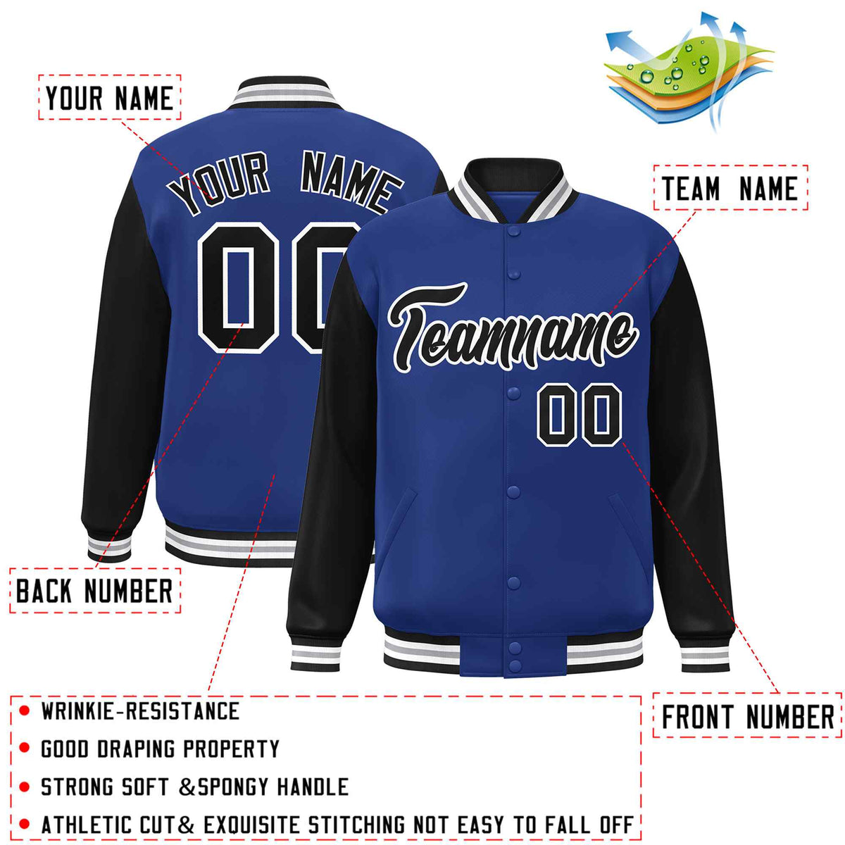 Custom Royal Black-White Raglan Sleeves Varsity Full-Snap Letterman Jacket