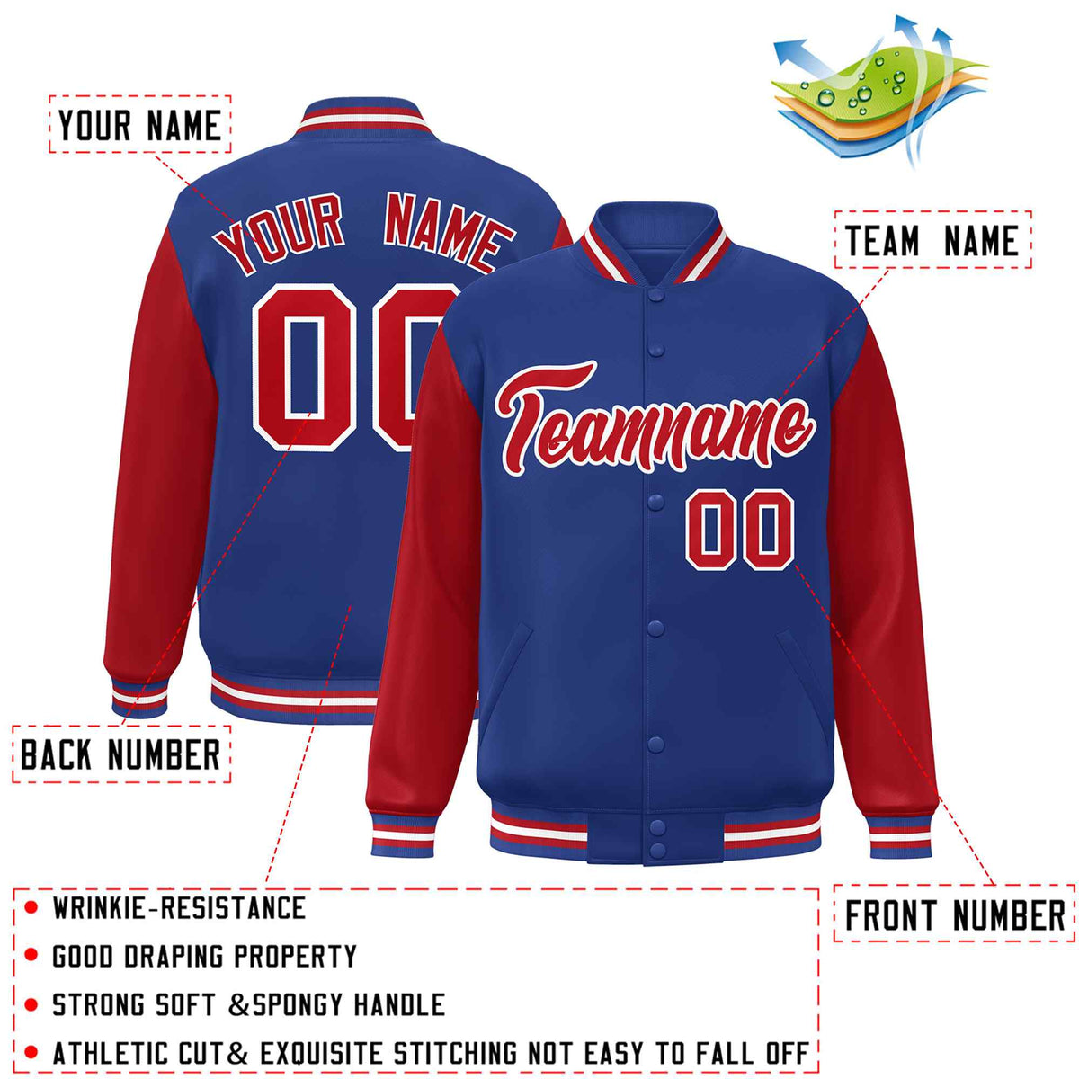 Custom Royal Red-White Raglan Sleeves Varsity Full-Snap Letterman Jacket