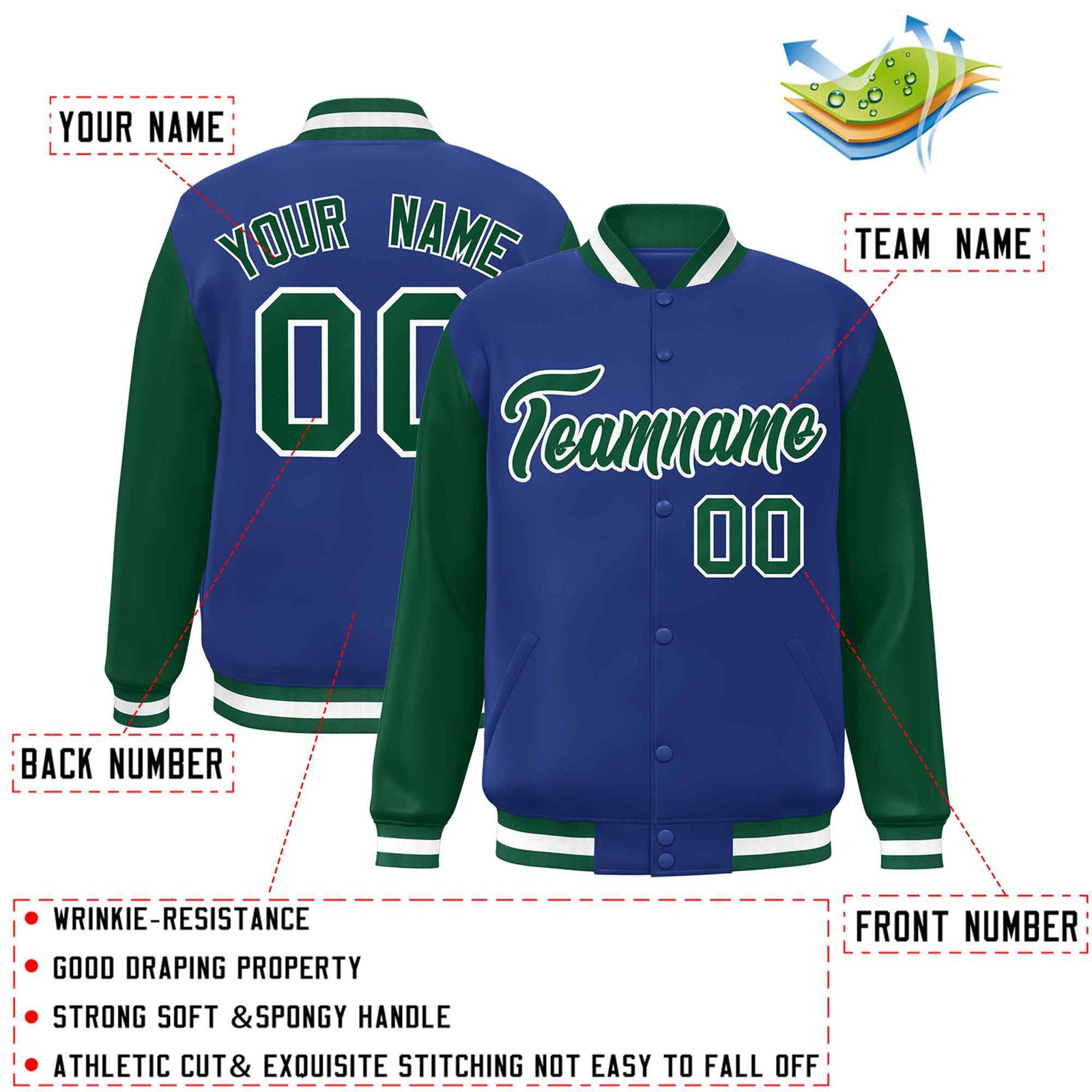 Custom Royal Green-White Raglan Sleeves Varsity Full-Snap Letterman Jacket