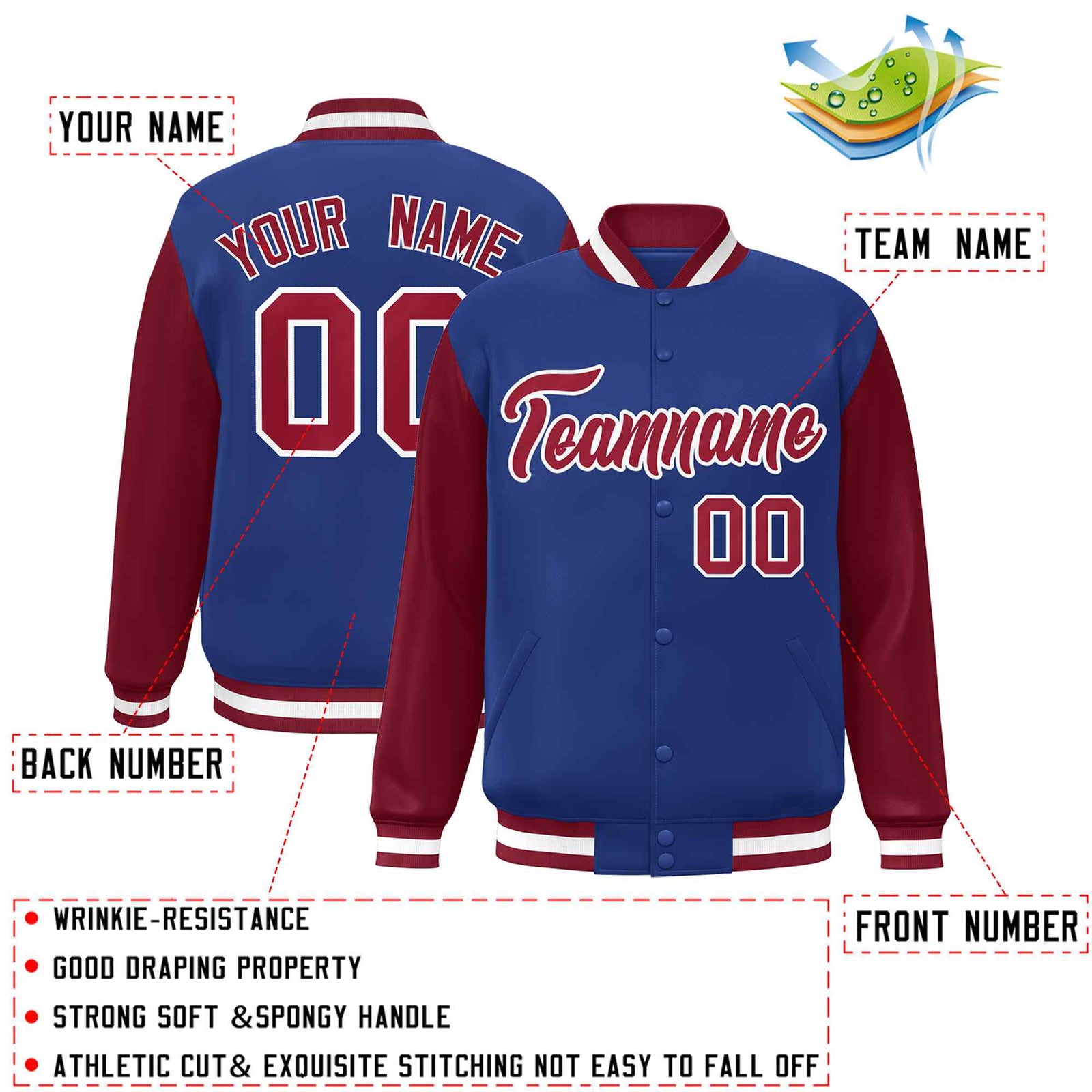 Custom Royal Crimson-White Raglan Sleeves Varsity Full-Snap Letterman Jacket