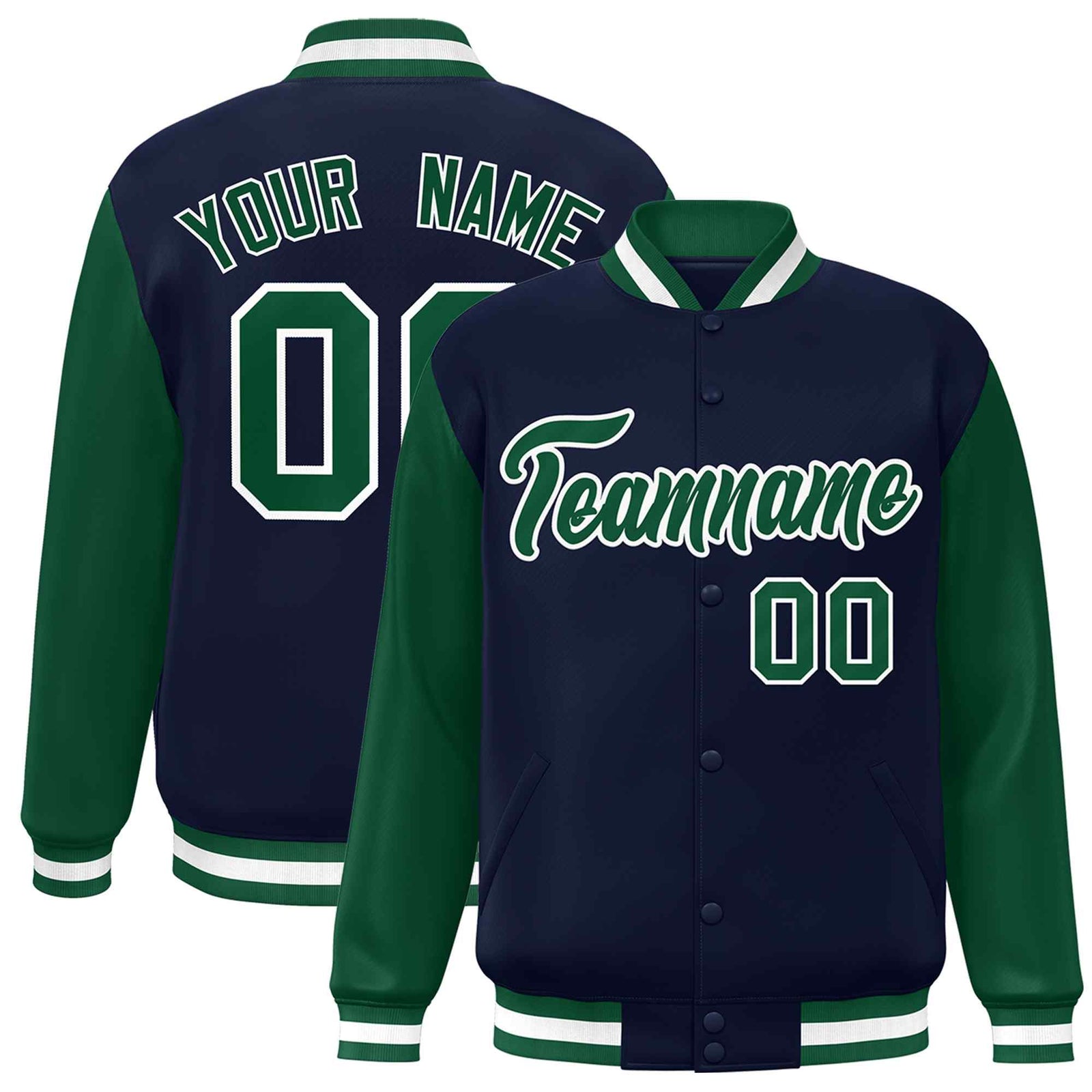 Custom Navy Green-White Raglan Sleeves Varsity Full-Snap Letterman Jacket
