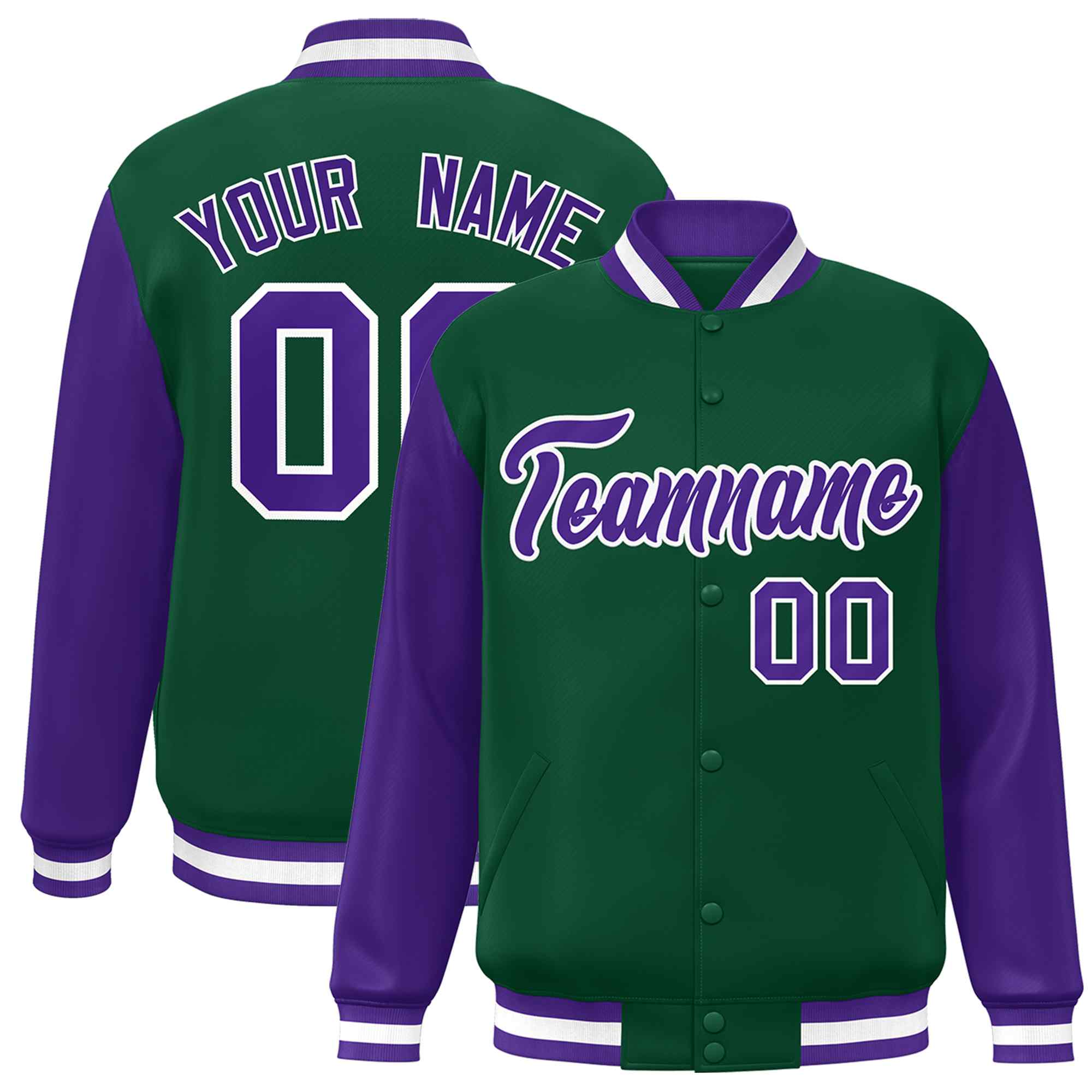 Custom Green Purple-White Raglan Sleeves Varsity Full-Snap Letterman Jacket